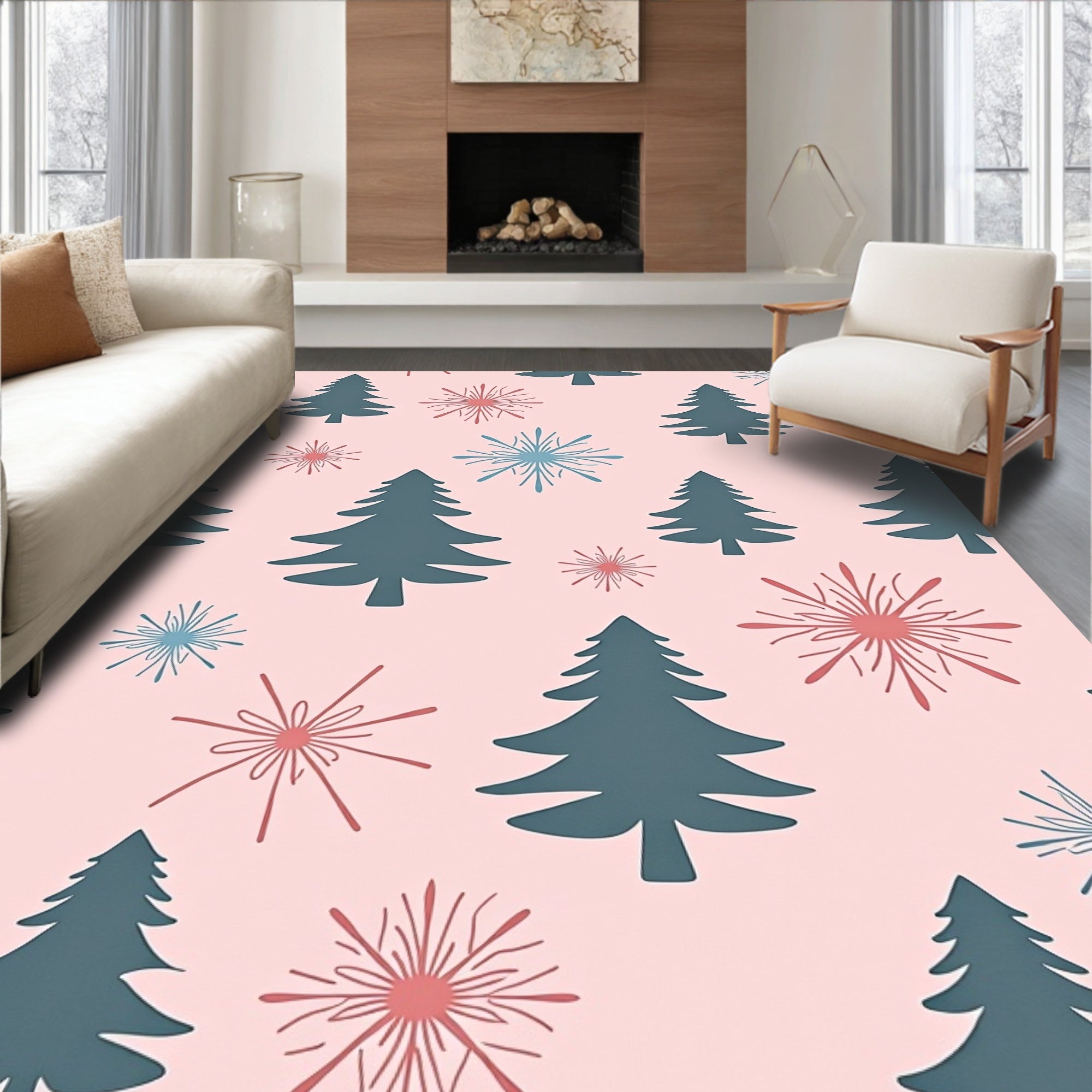 Teal Pine Tree with Coral Starbursts Rug