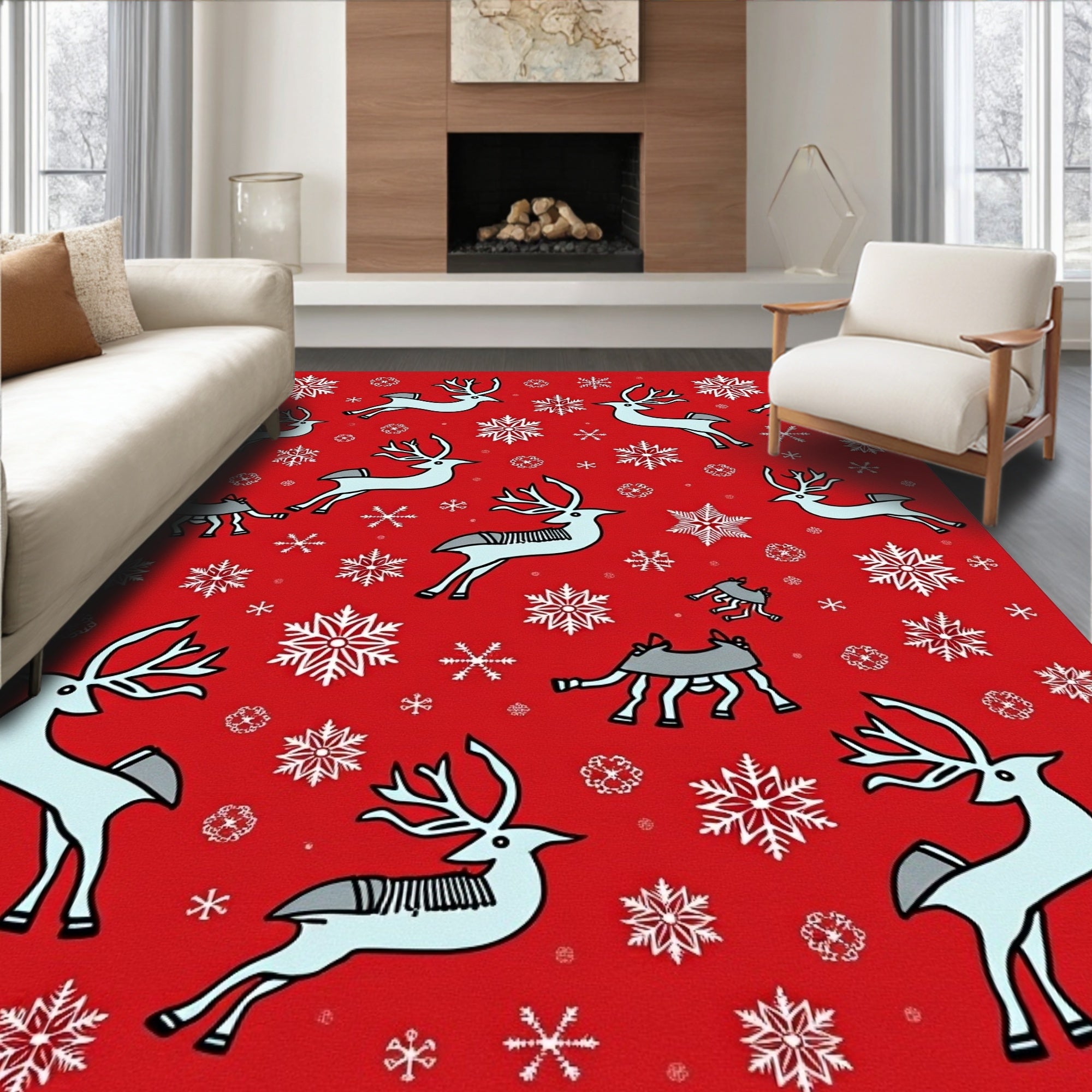 Red Reindeer Snowflake Holiday Scene Rug