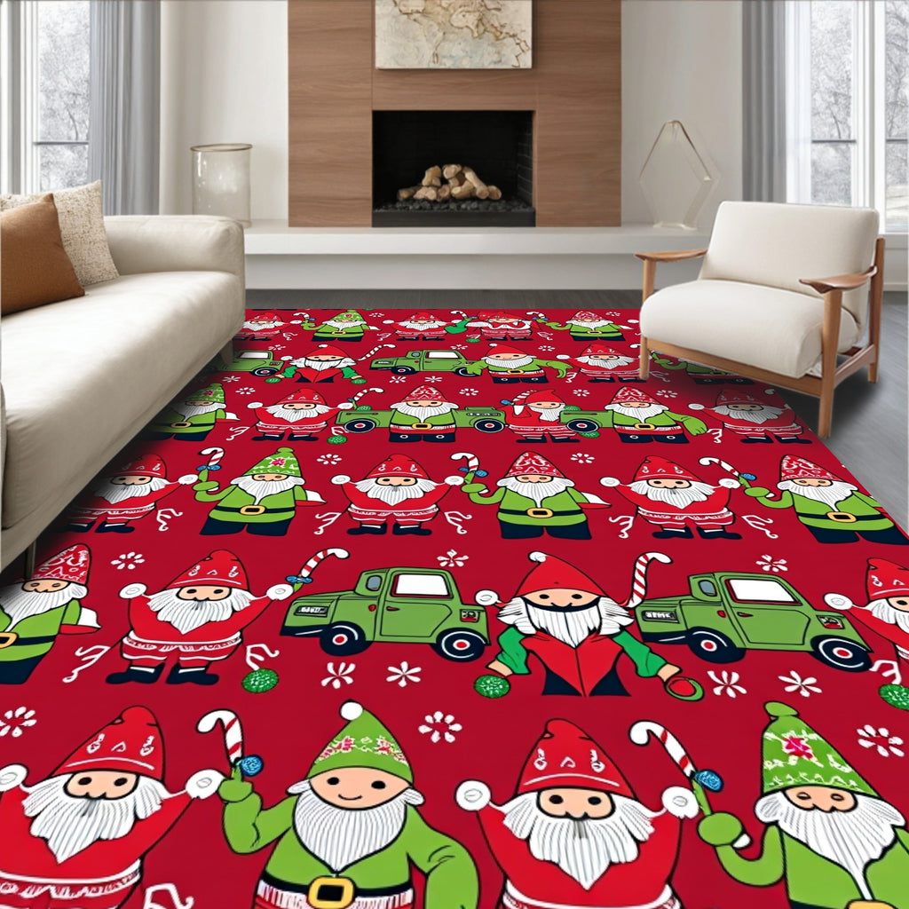 Christmas Gnomes Holding Candy Canes Green Truck Rug