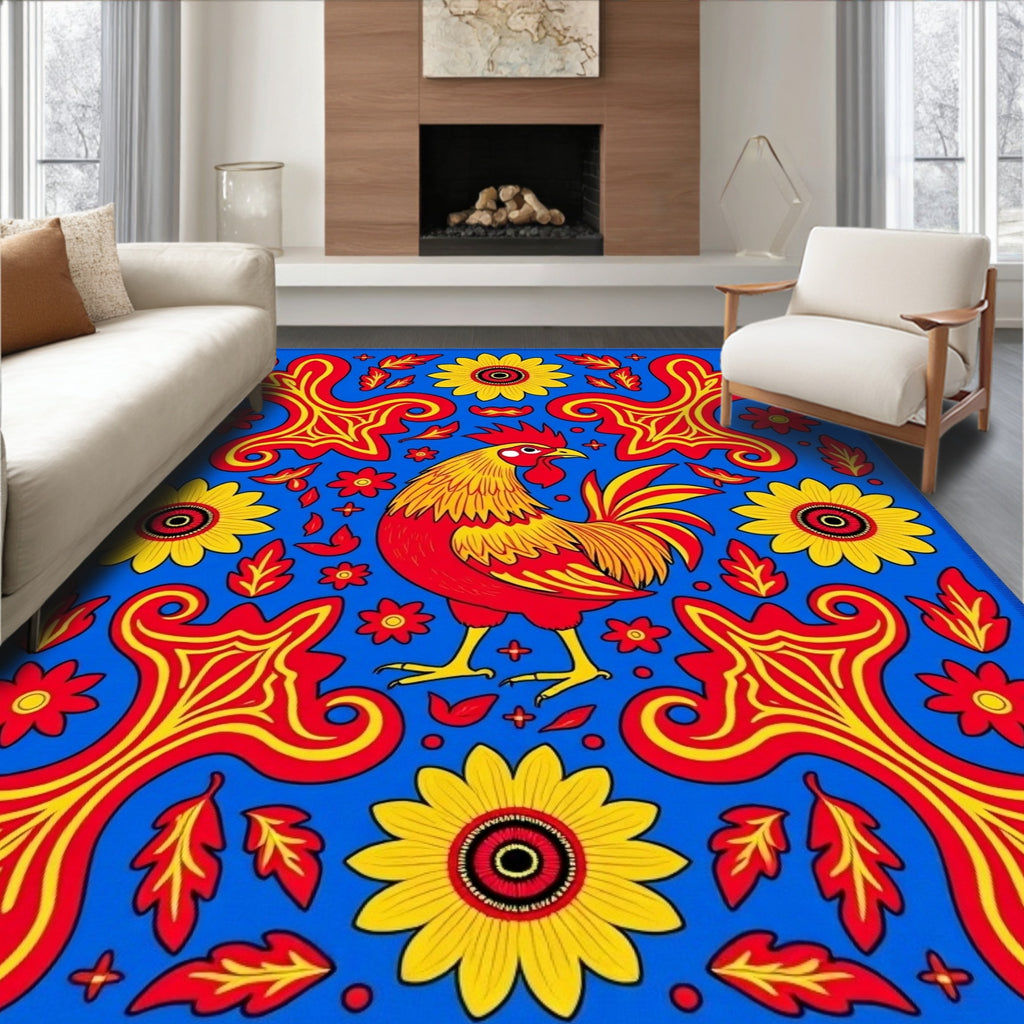 Bright Rooster Floral Swirl Blue Rug