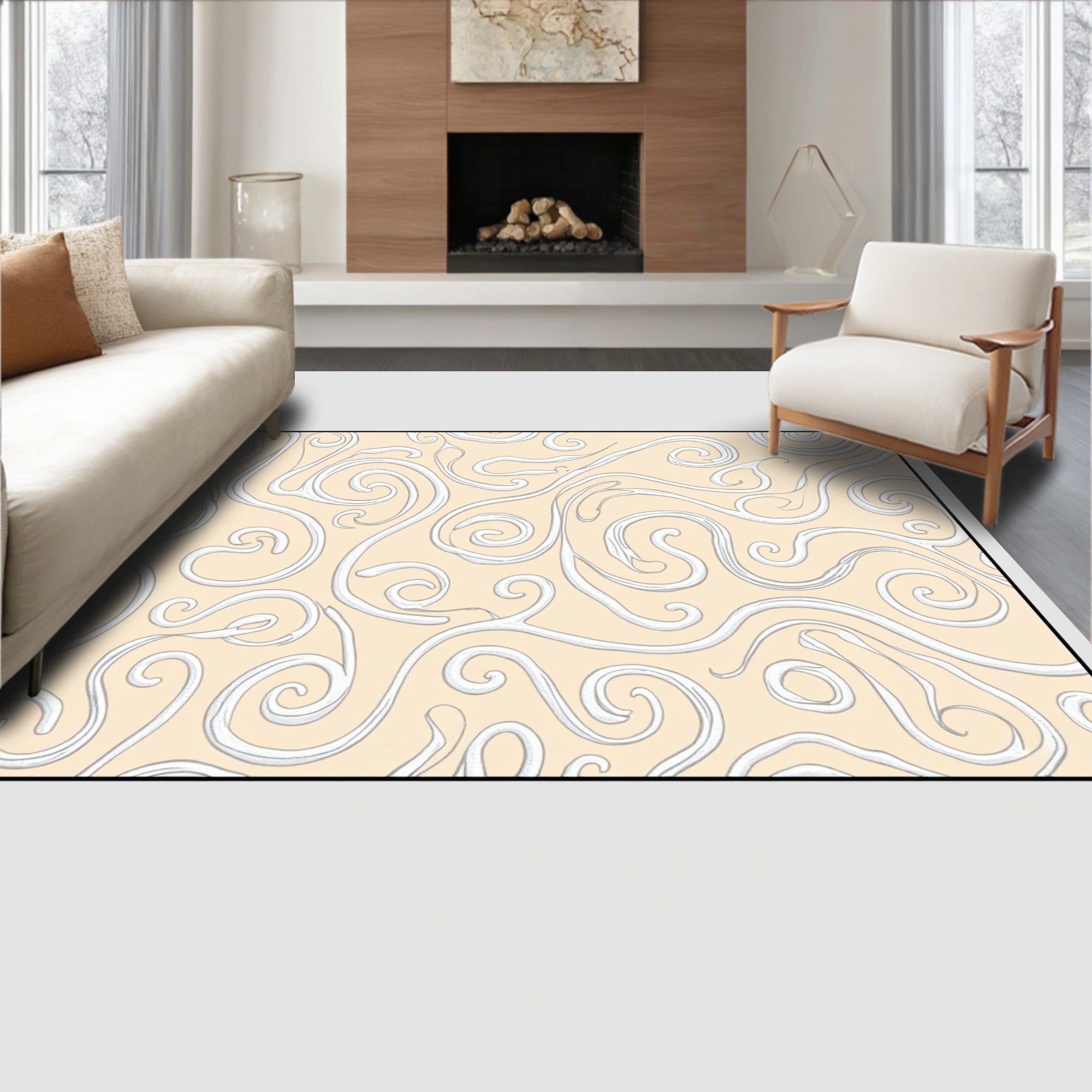 Cream Swirls Contemporary Abstract Rug
