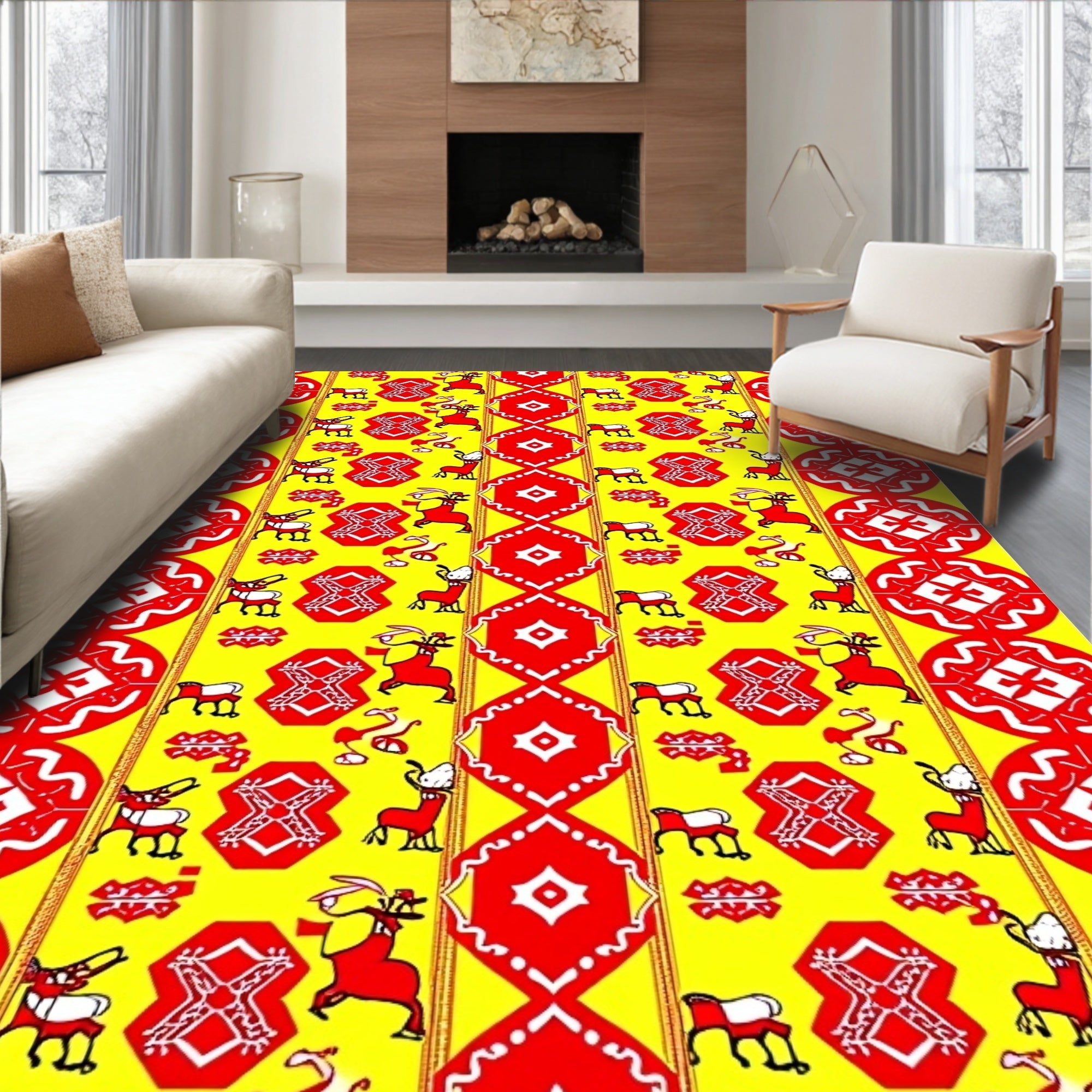 Red Deer Yellow Geometric Medallion Rug