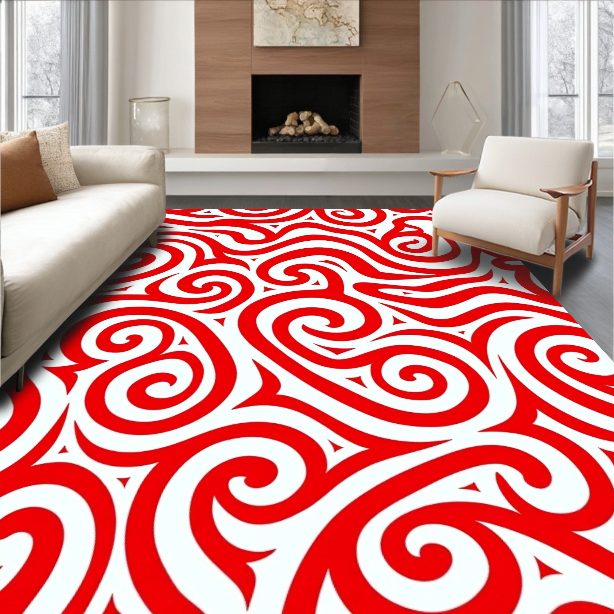 Crimson Curly Swirl Ornament Rug