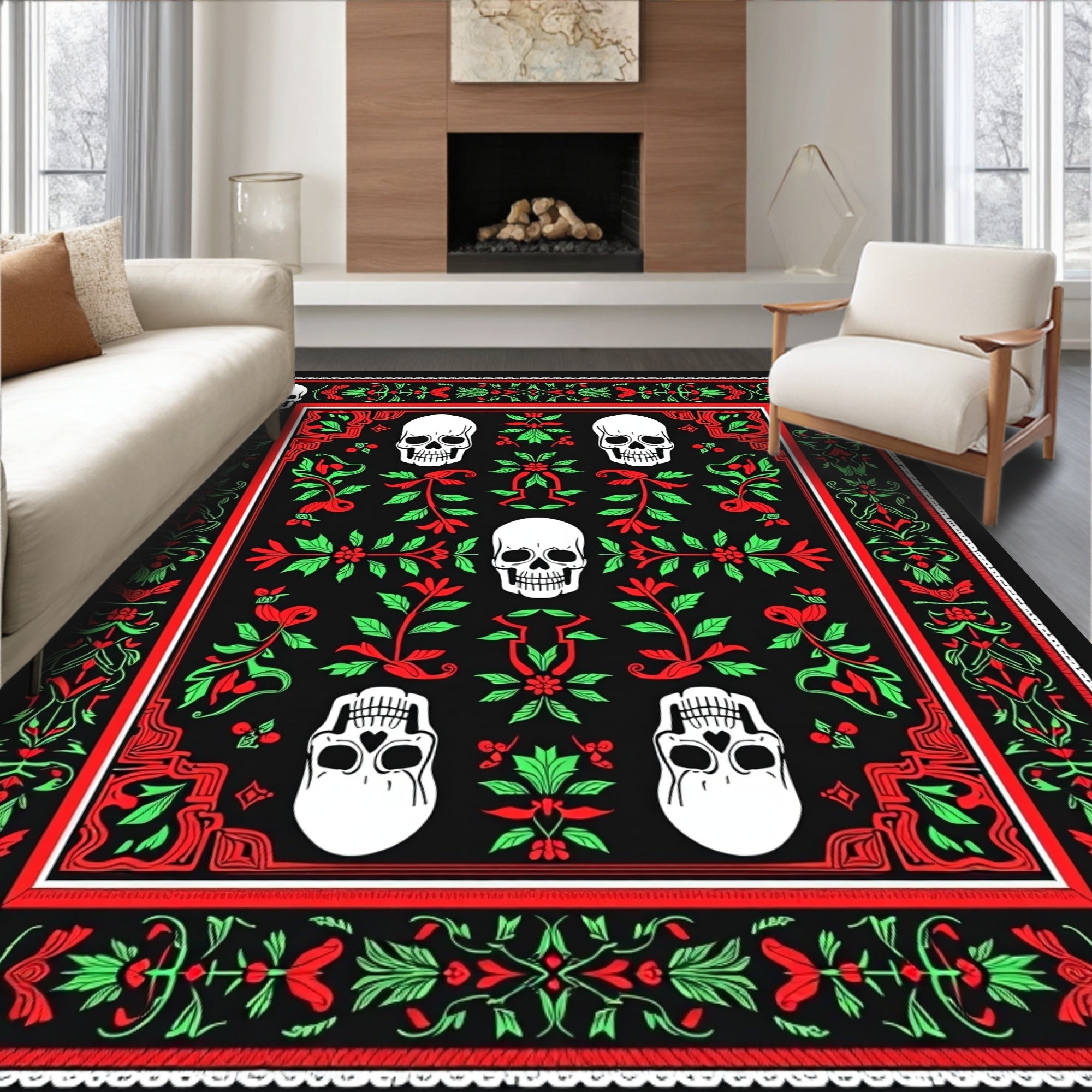 Crimson Scarlet Skull Floral Border Rug