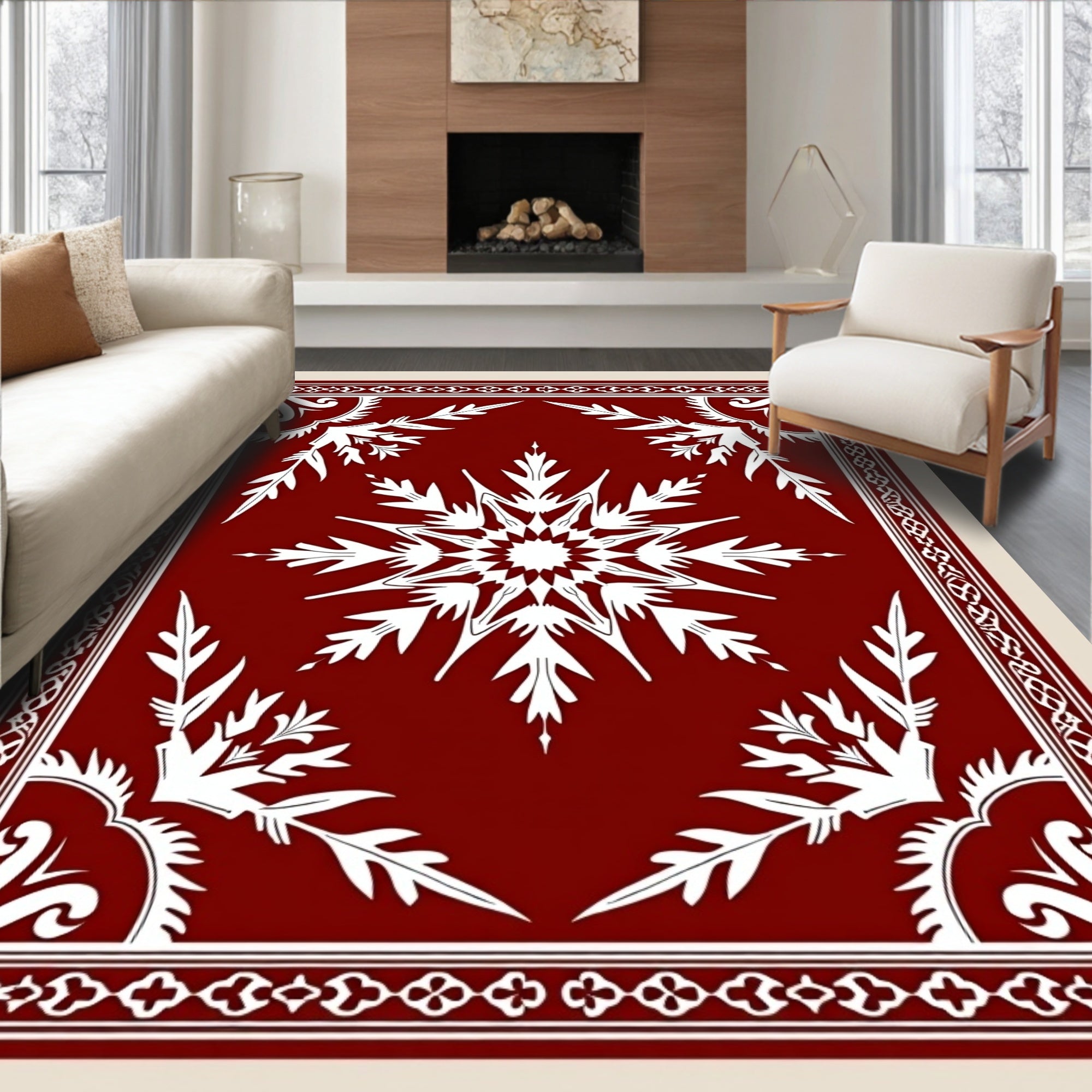 Crimson White Starburst Border Medallion Rug