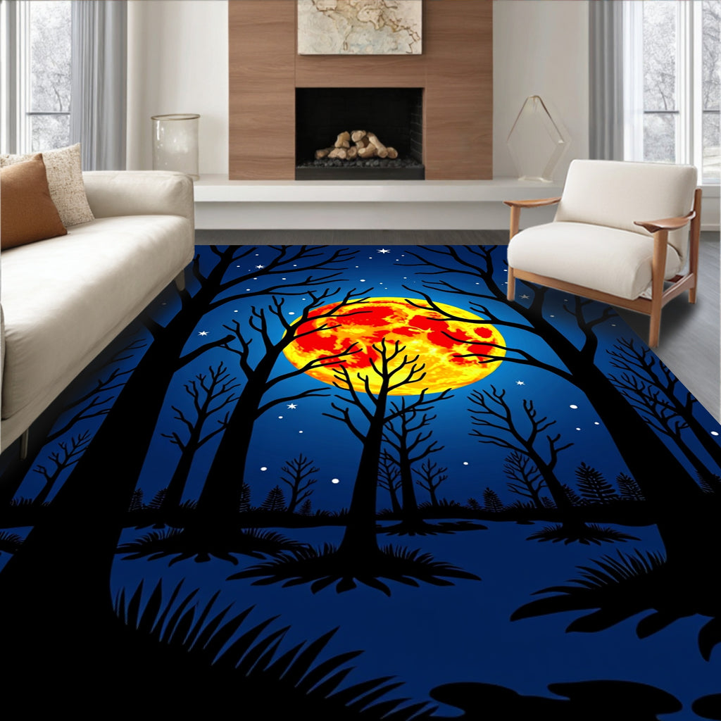 Crimson Full Moon Forest Night Sky Rug