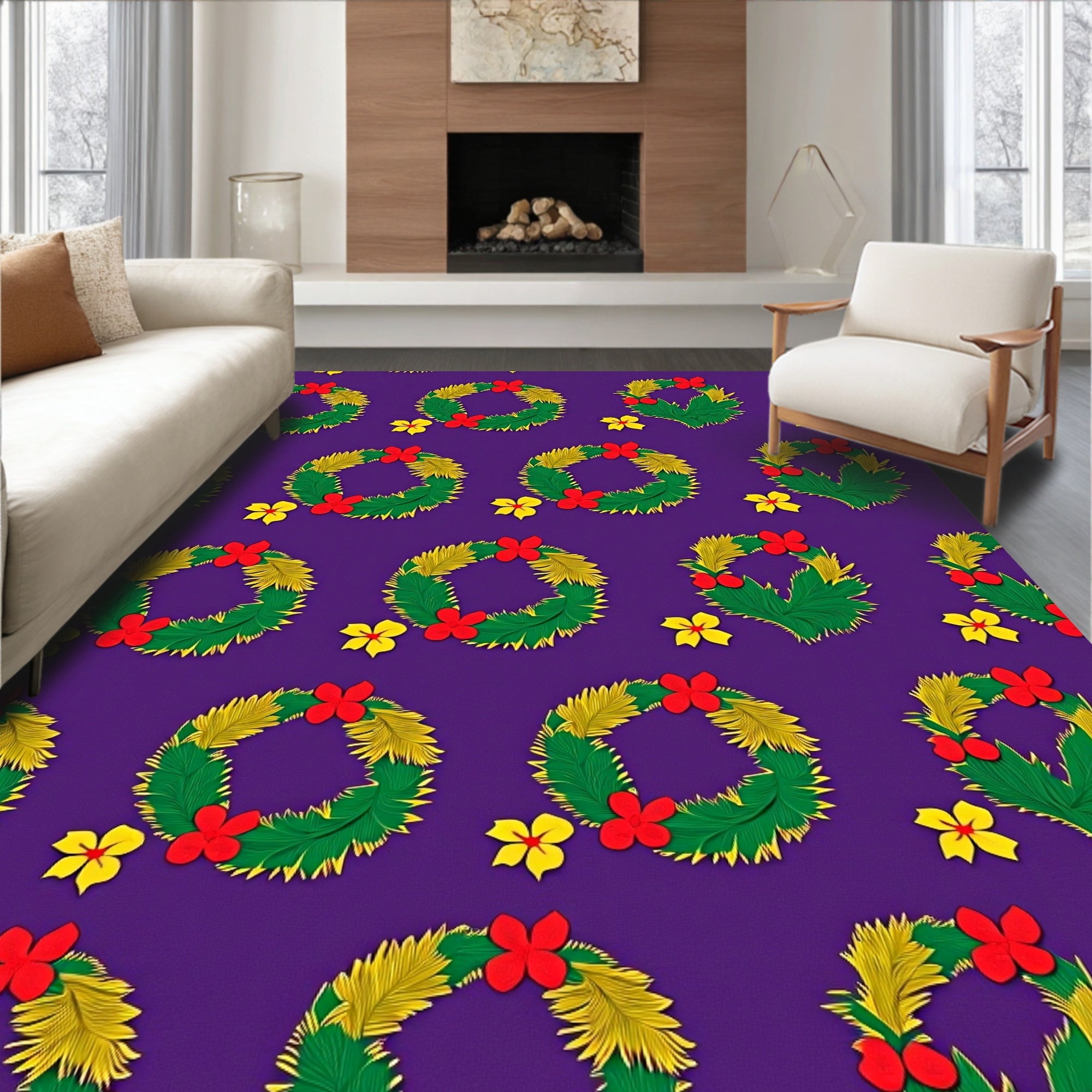 Tropical Wreath Red Yellow Botanical Medallion Rug