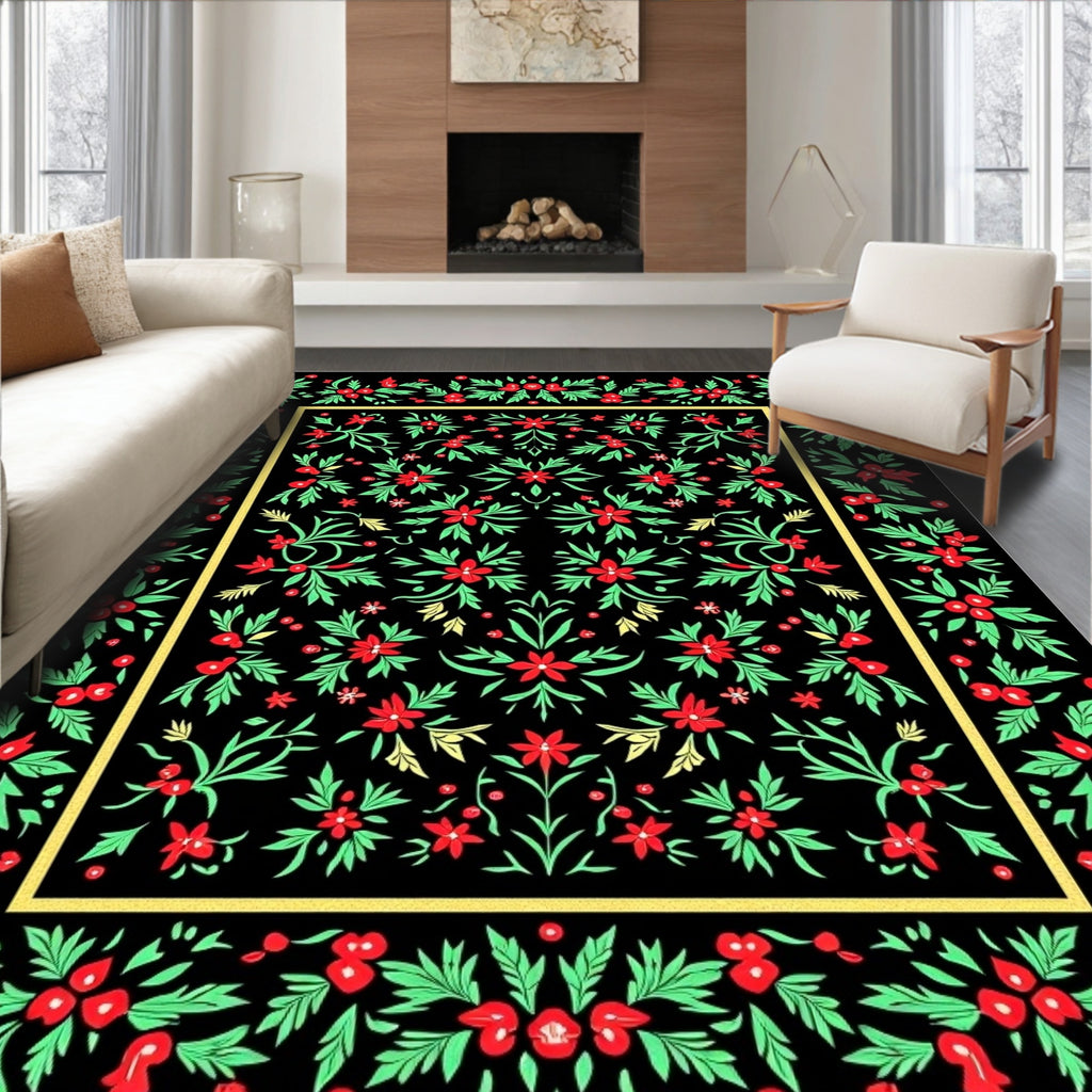 Crimson Floral Garden Black Rug