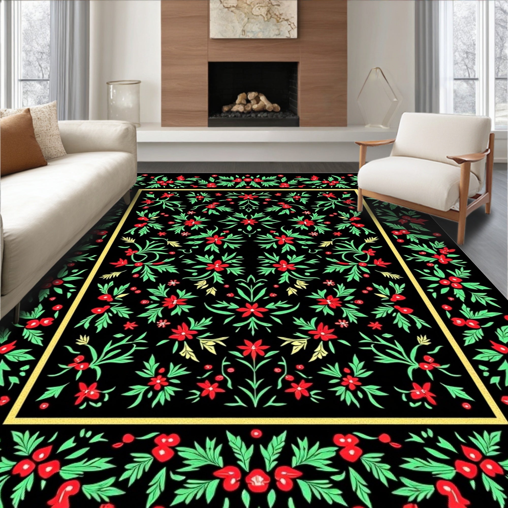 Crimson Floral Garden Black Rug