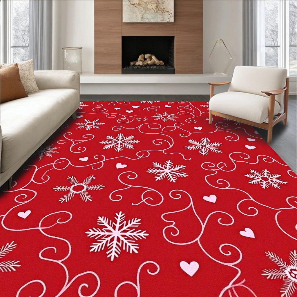 Red Snowflake Heart Swirl Accent Rug