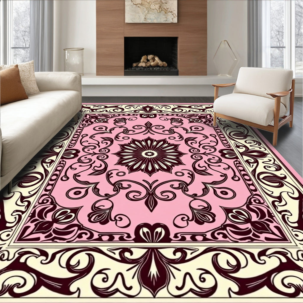 Pink Burgundy Floral Vine Scroll Rug