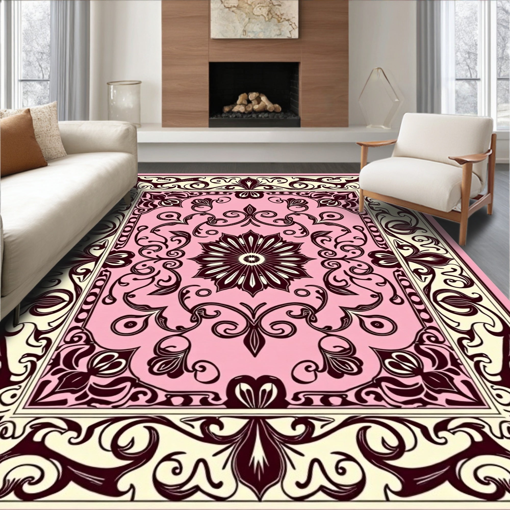 Pink Burgundy Floral Vine Scroll Rug