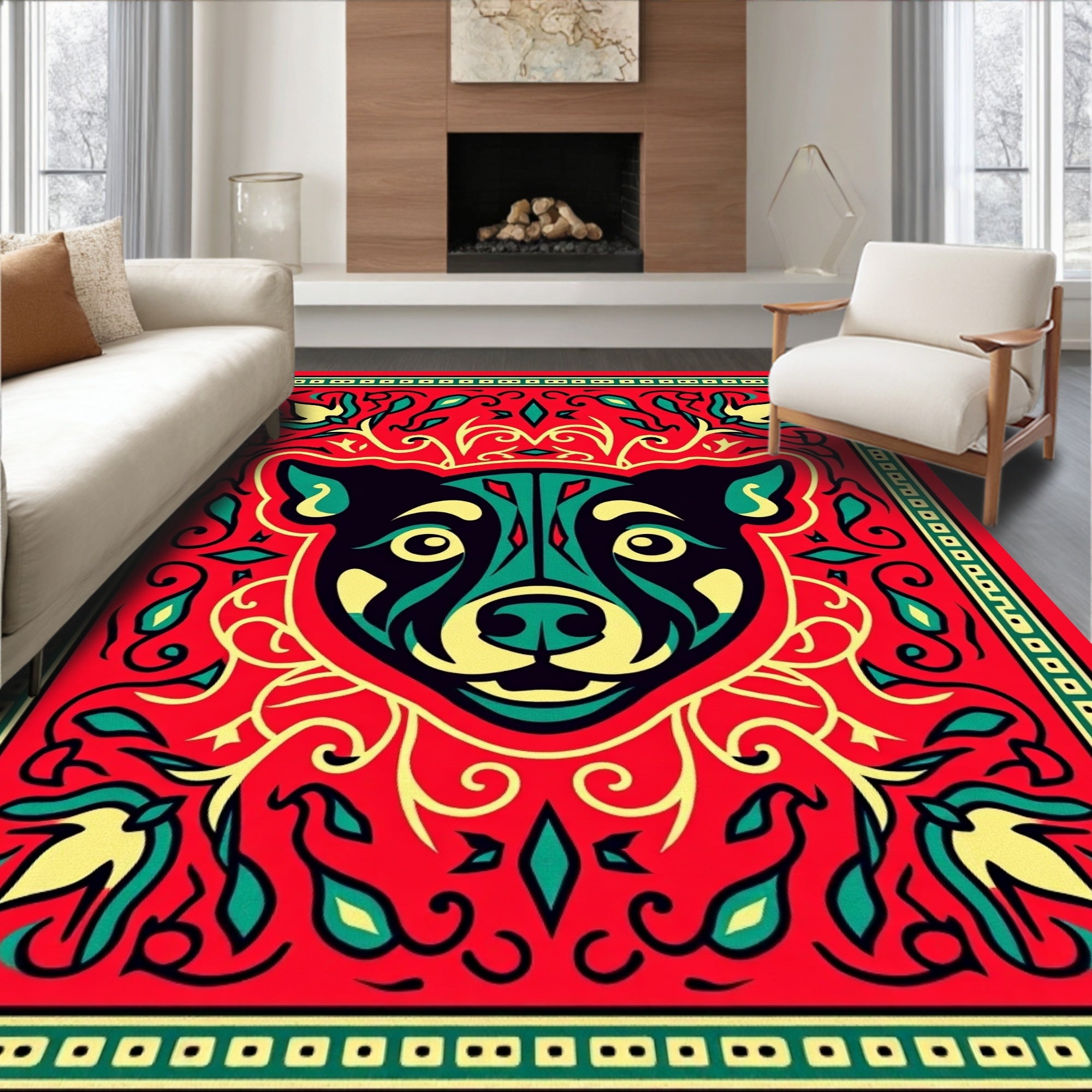Bold Red Canine Floral Swirl Rug