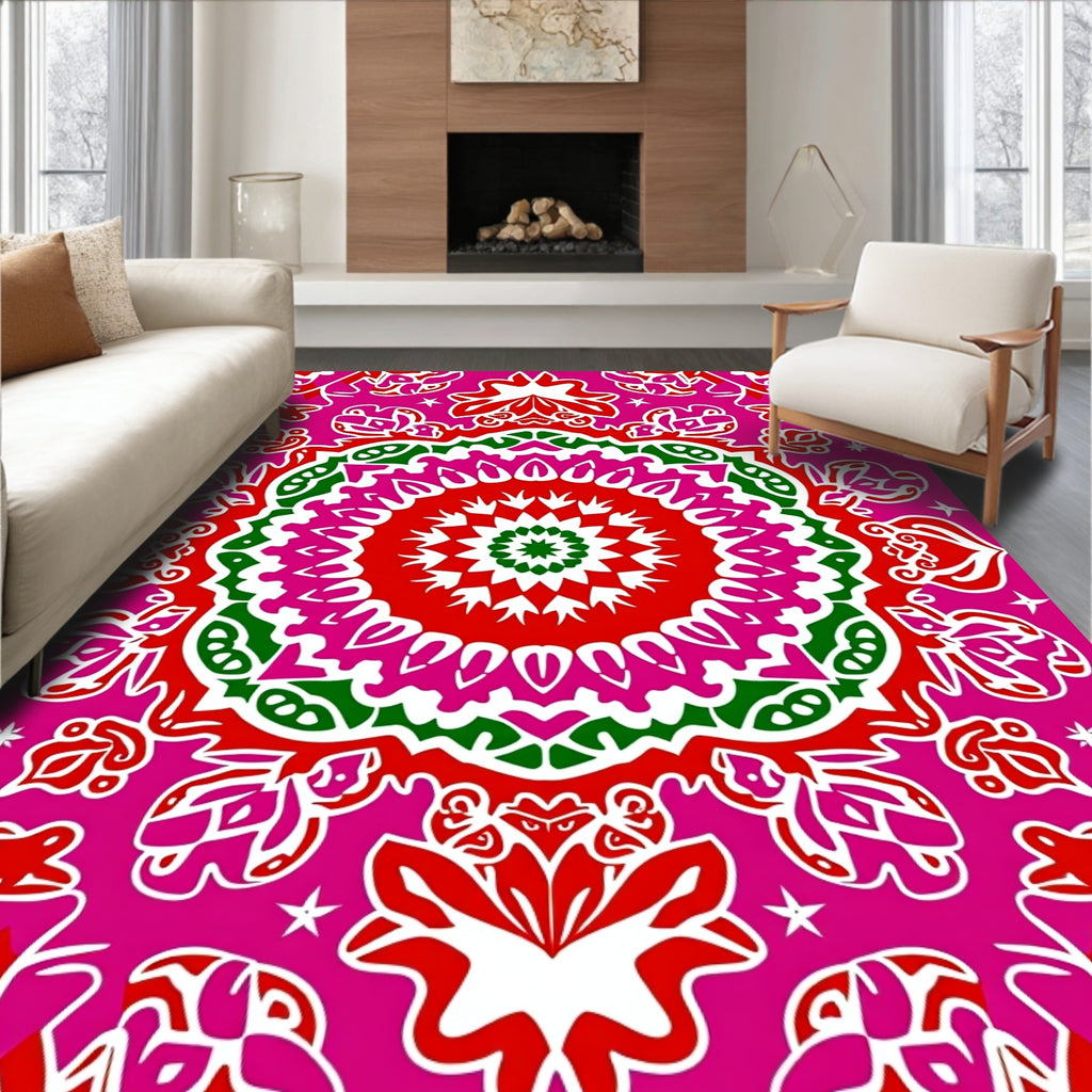 Vibrant Pink Red Green Mandala Medallion Rug