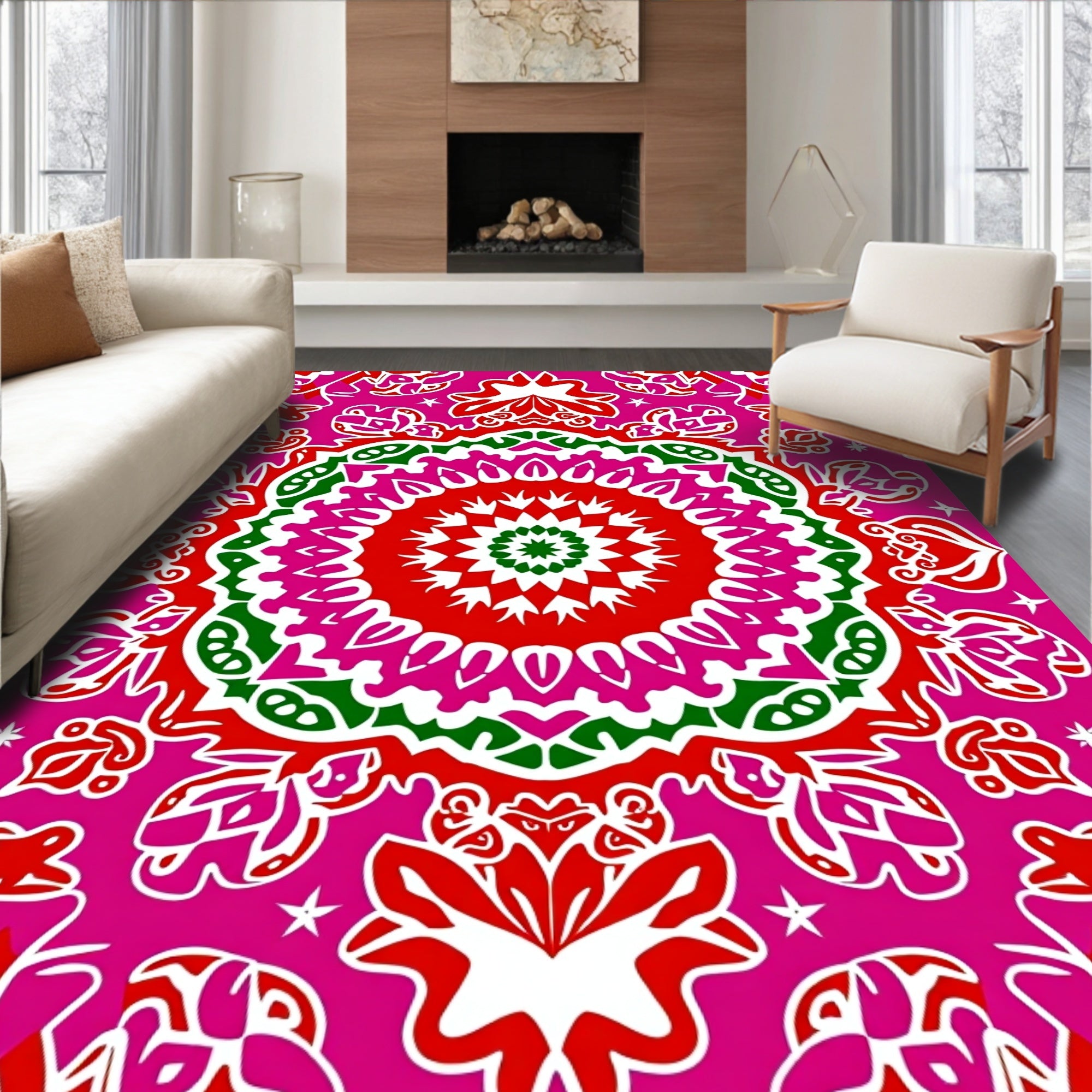 Vibrant Pink Red Green Mandala Medallion Rug
