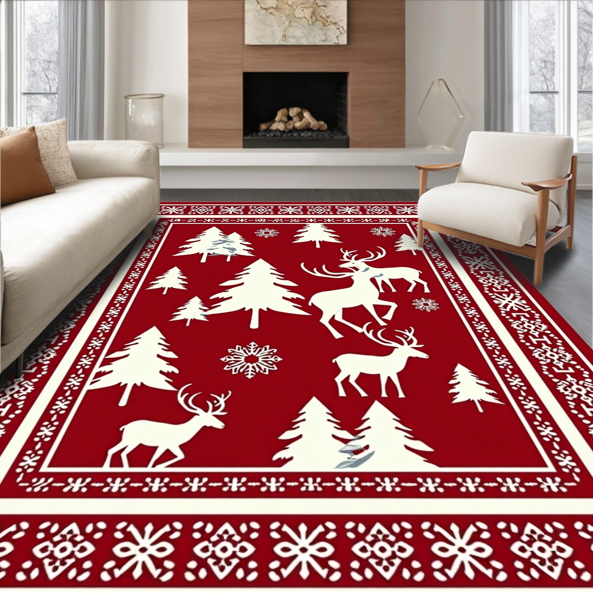 Crimson Winter Forest Reindeer Scene Rug