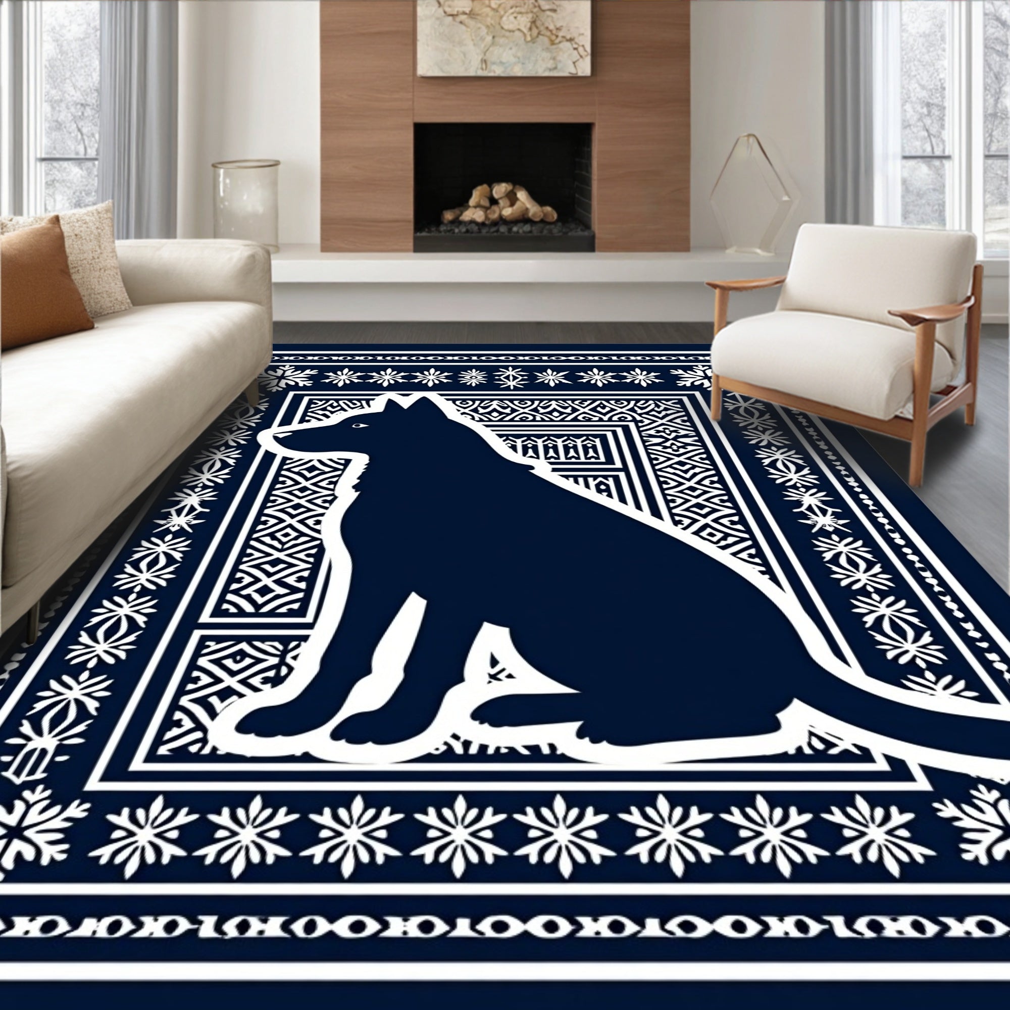 Dark Blue Silhouette Dog Medallion Border Rug