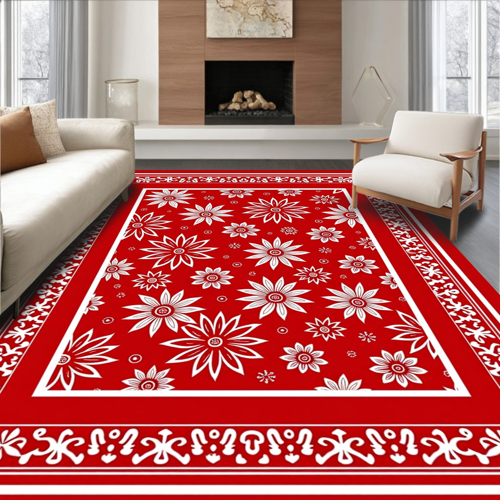 Red White Floral Medallion Border Rug