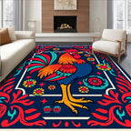 Bold Rooster Red Blue Floral Border Rug