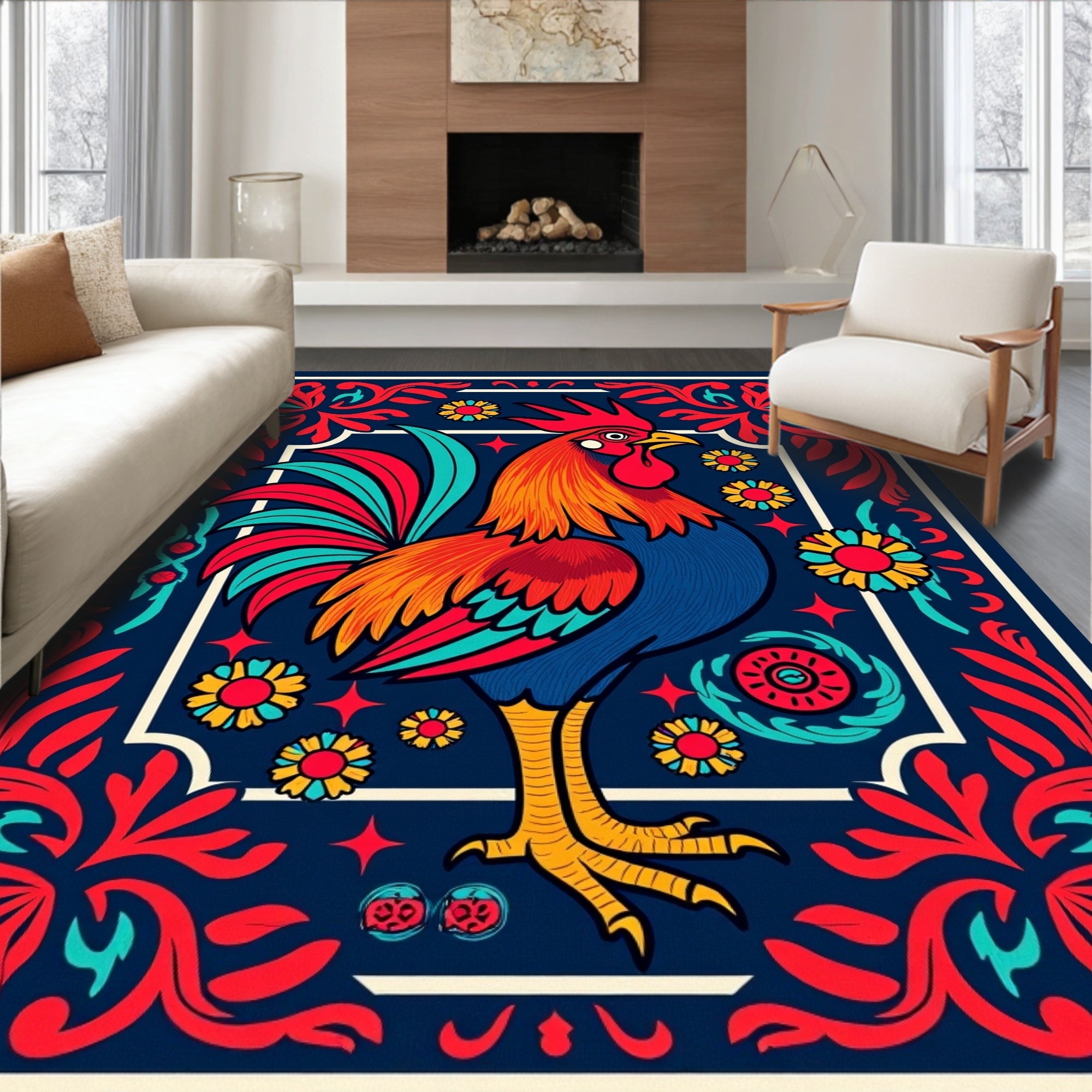 Bold Rooster Red Blue Floral Border Rug