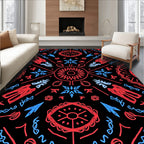 Red Blue Stylized Geometric Sunburst Rug