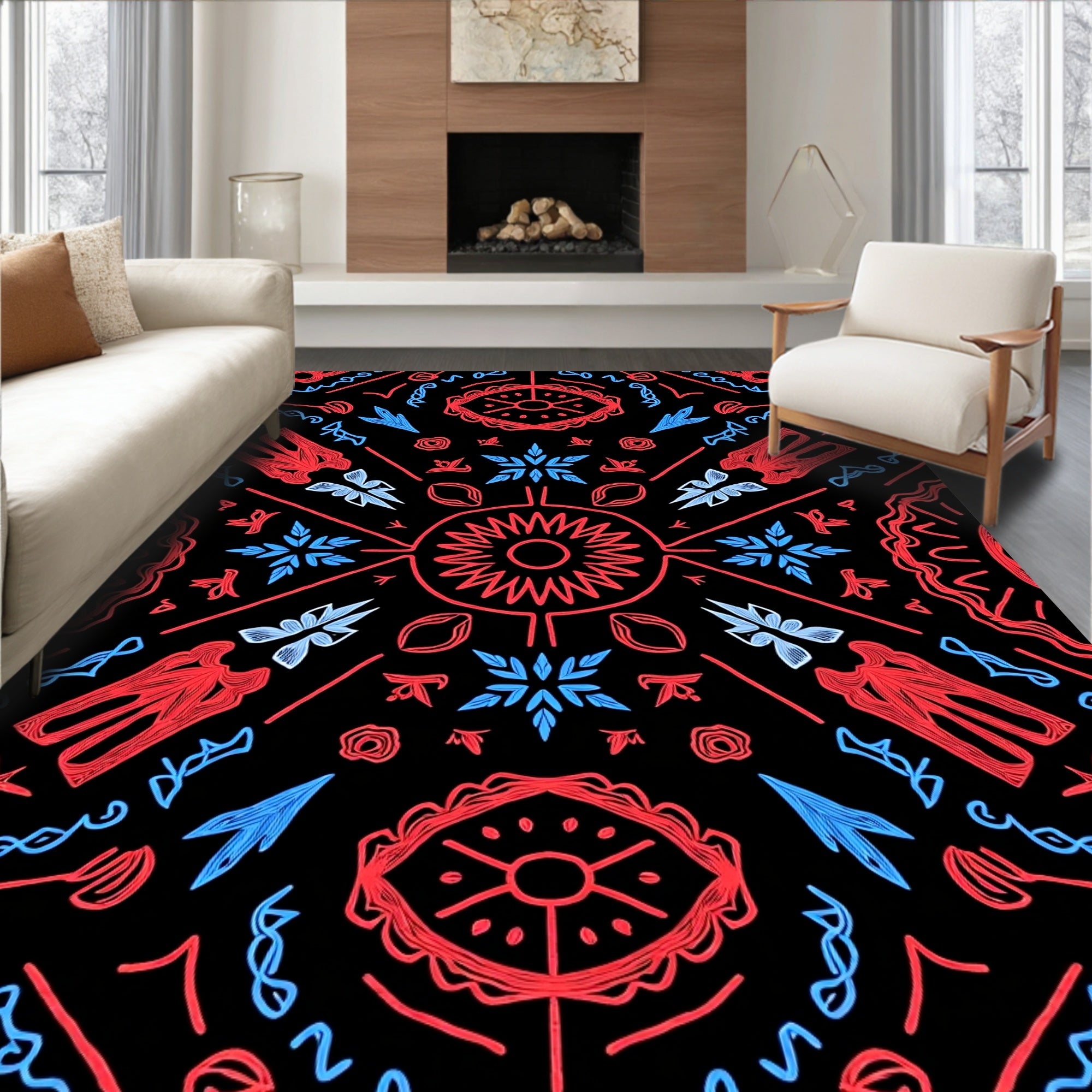 Red Blue Stylized Geometric Sunburst Rug