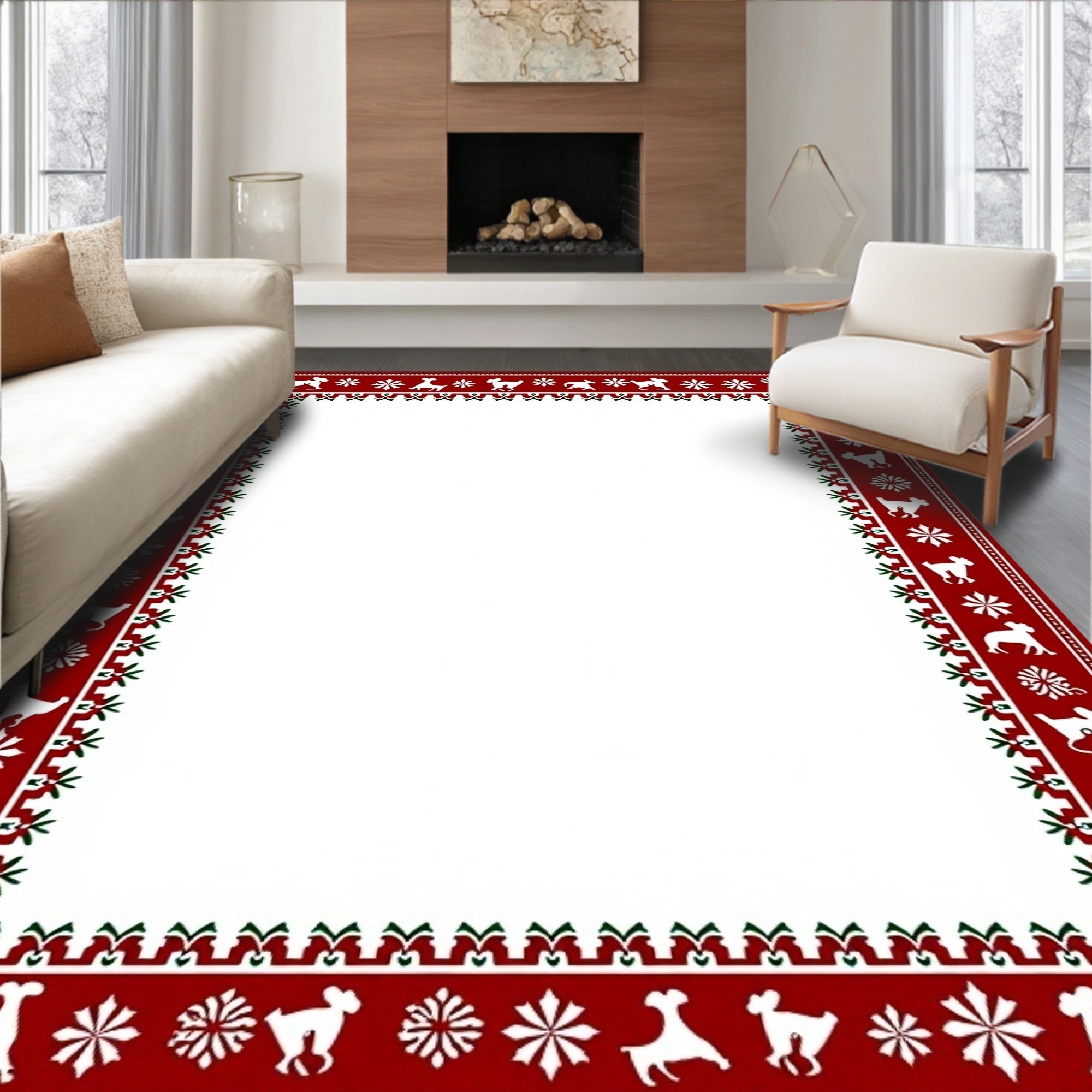 Crimson Dog Snowflake Border Rug