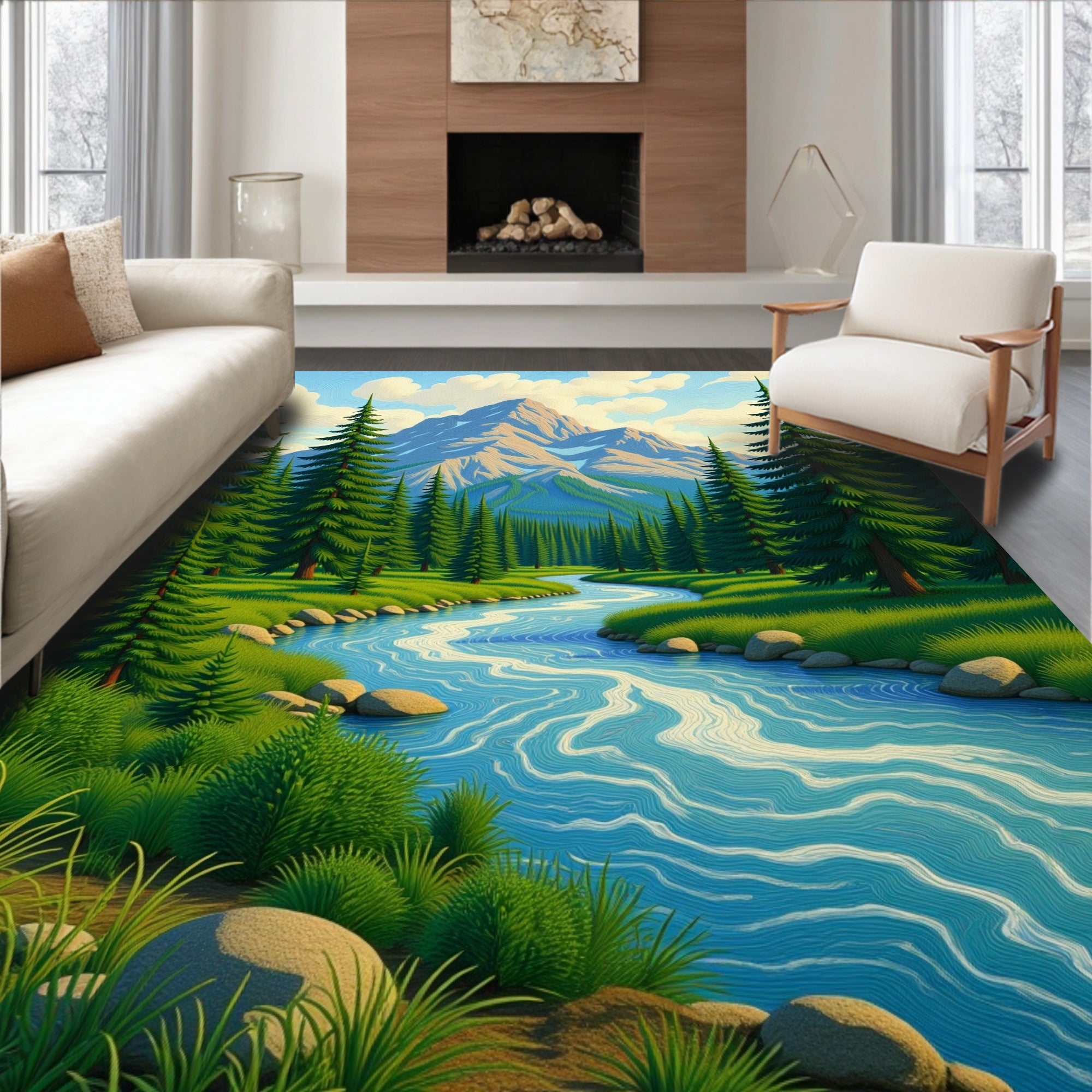 Alpine River Forest Meadow Mountain Scenery Rug