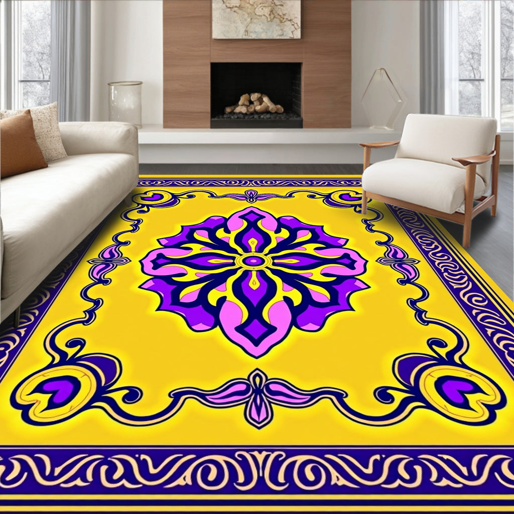 Vivid Yellow Purple Floral Medallion Rug