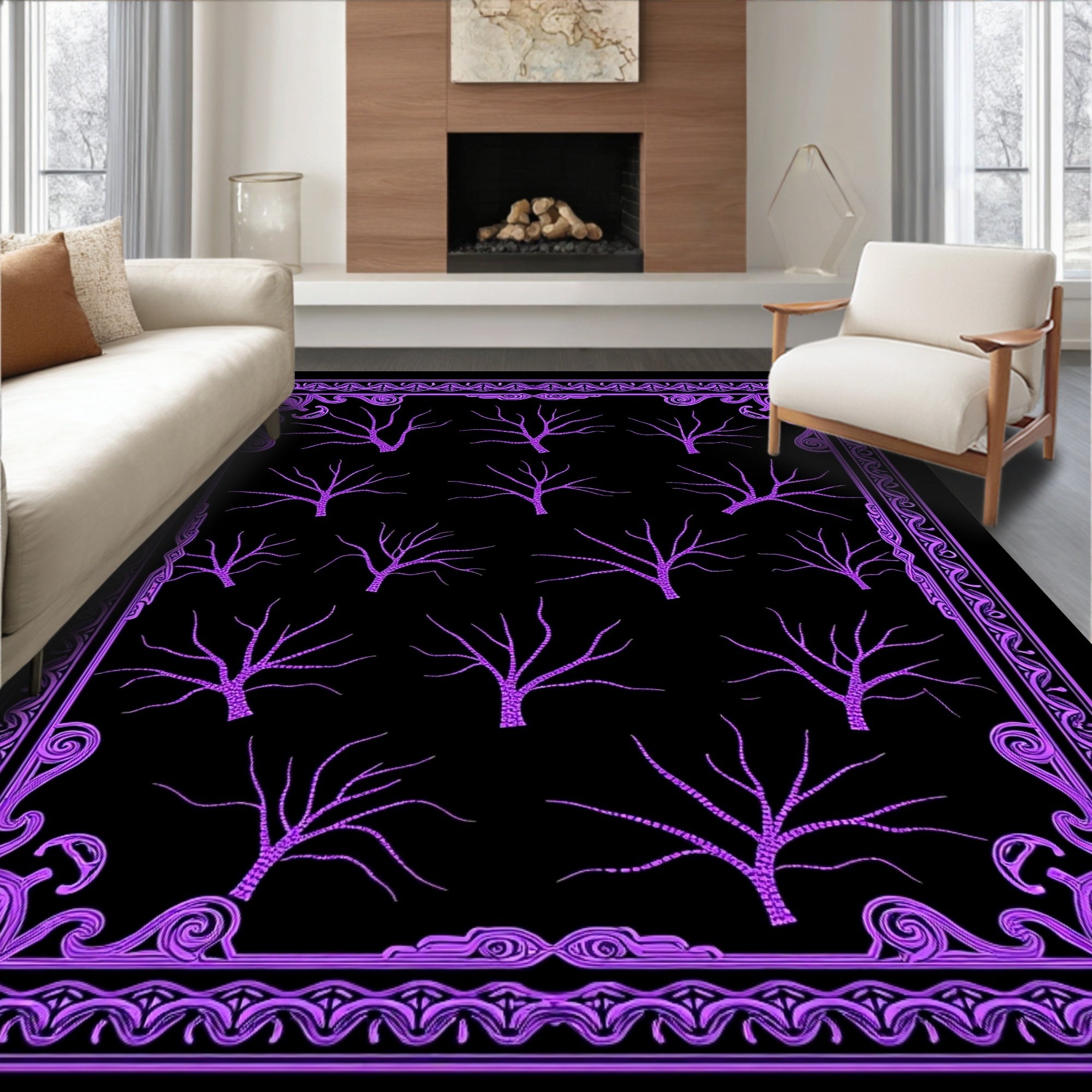Vibrant Purple Bare Trees Border Rug