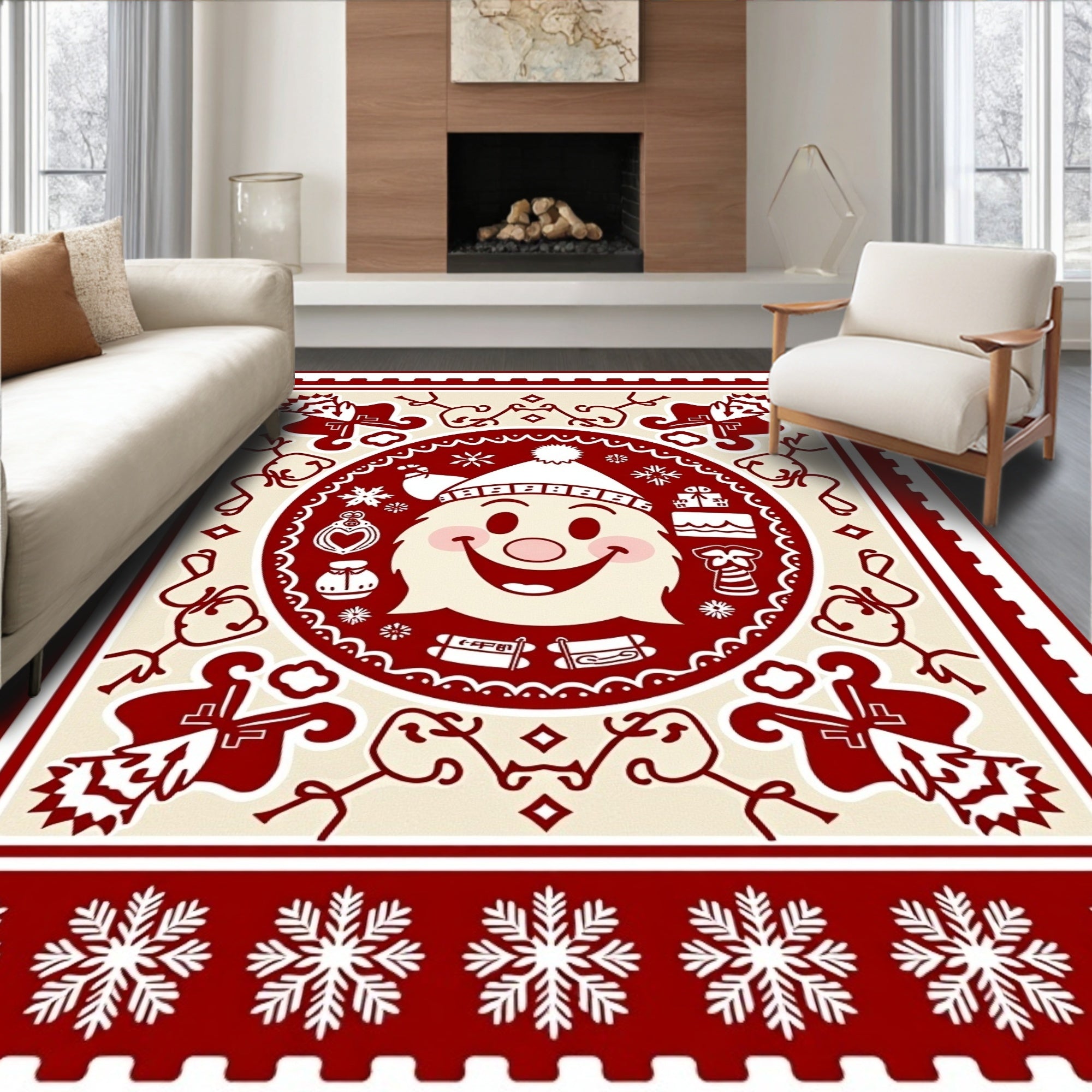 Crimson Santa Claus Snowflake Motif Rug