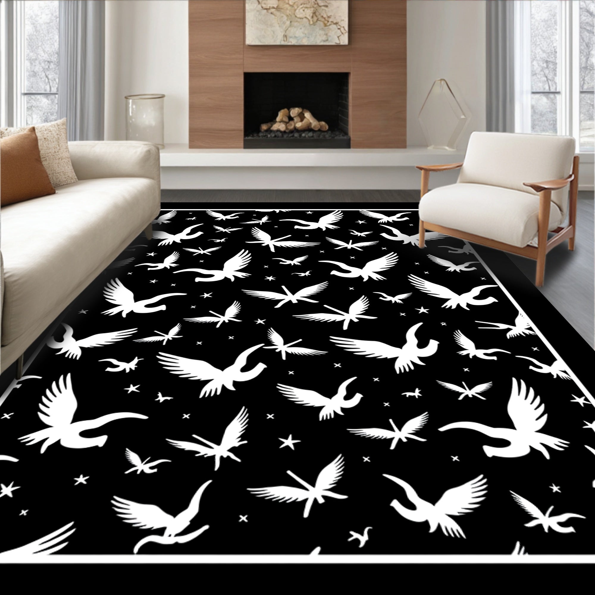 Black White Flying Birds Scatter Rug