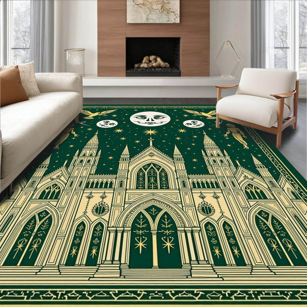 Gothic Emerald Castle Celestial Scene Rug