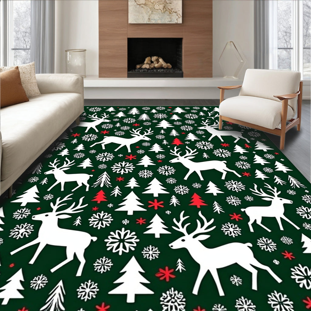 White Deer Snowflake Forest Holiday Rug
