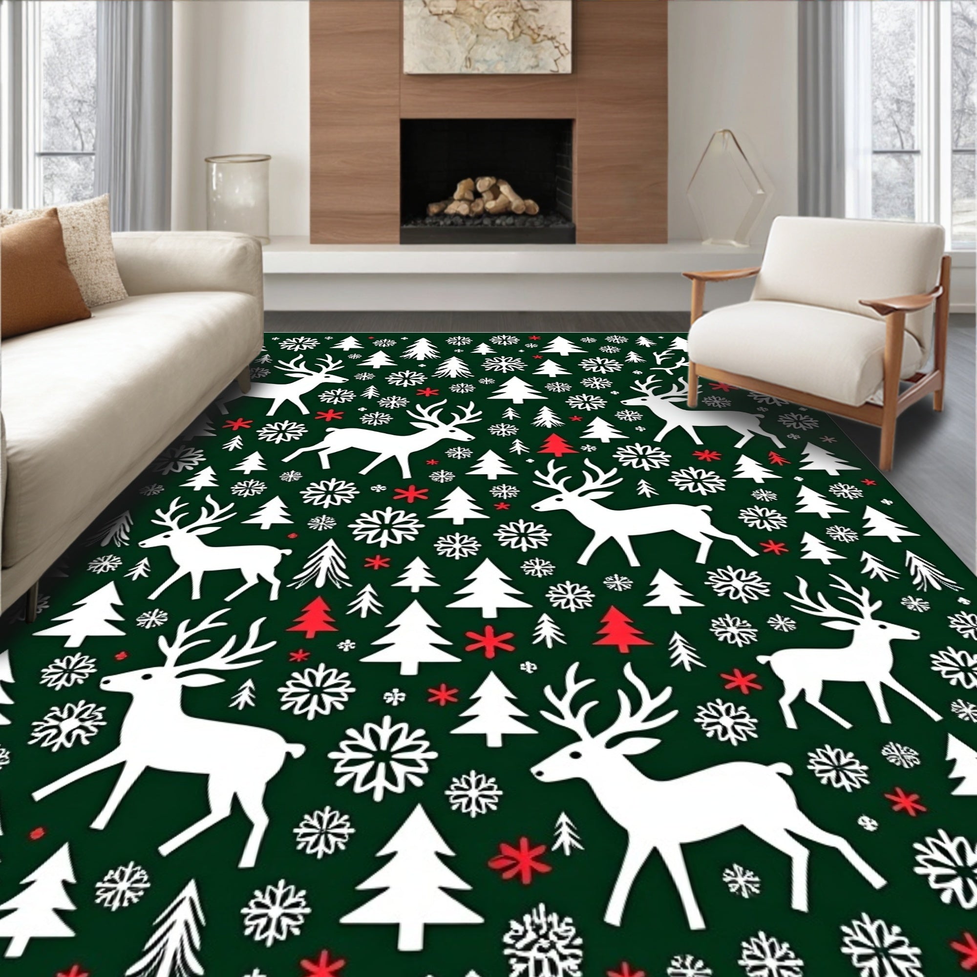 White Deer Snowflake Forest Holiday Rug