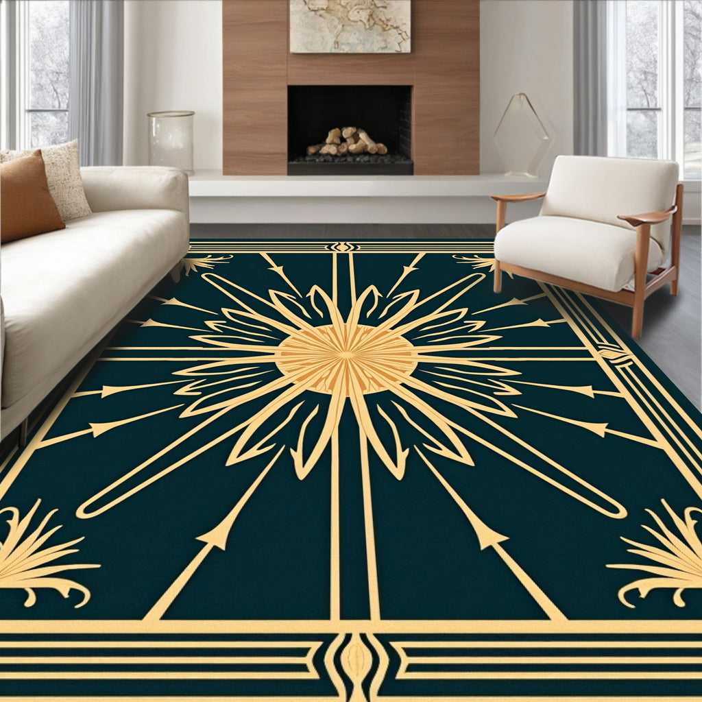 Golden Sunburst Teal Geometric Rug