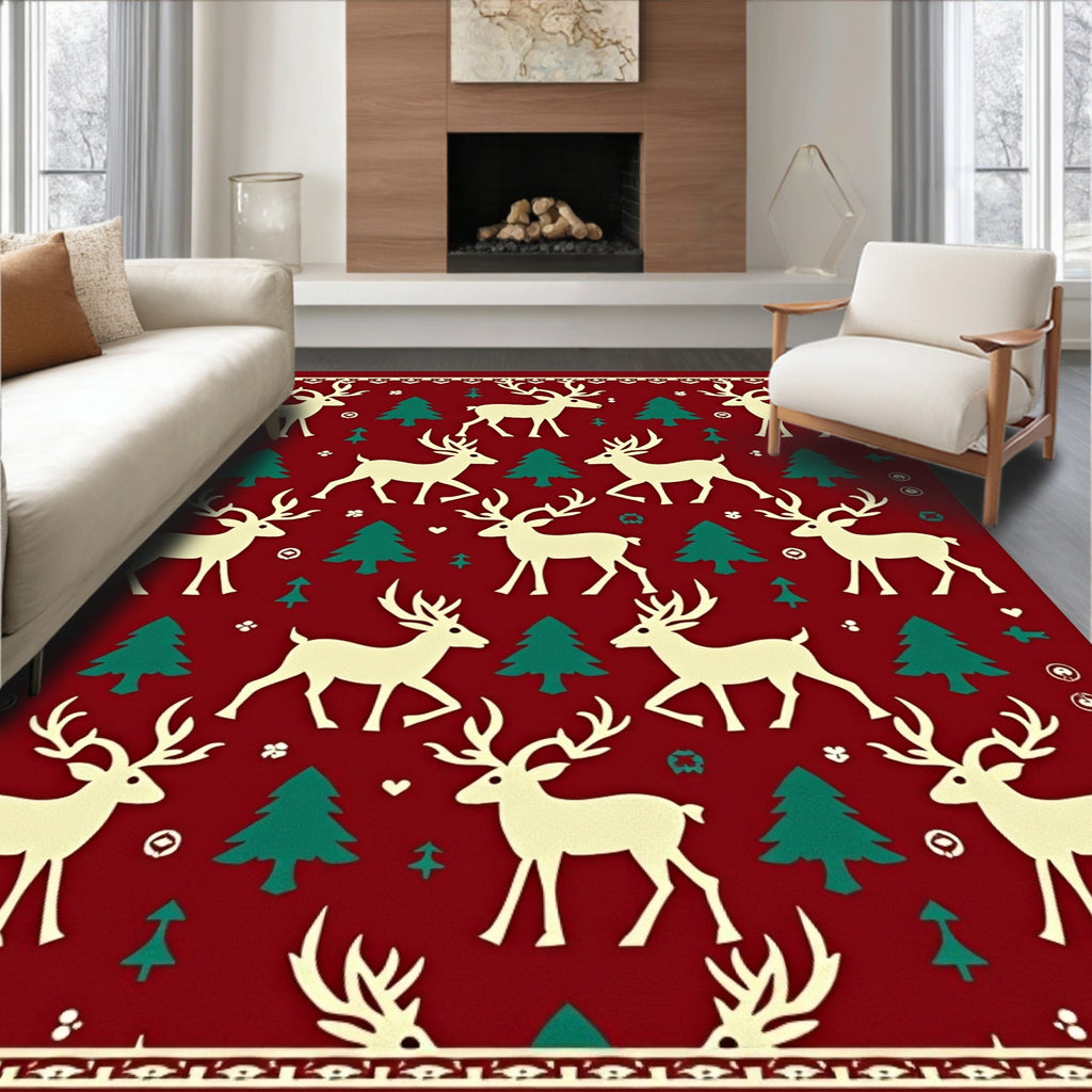 Cream Reindeer Forest Holiday Rug