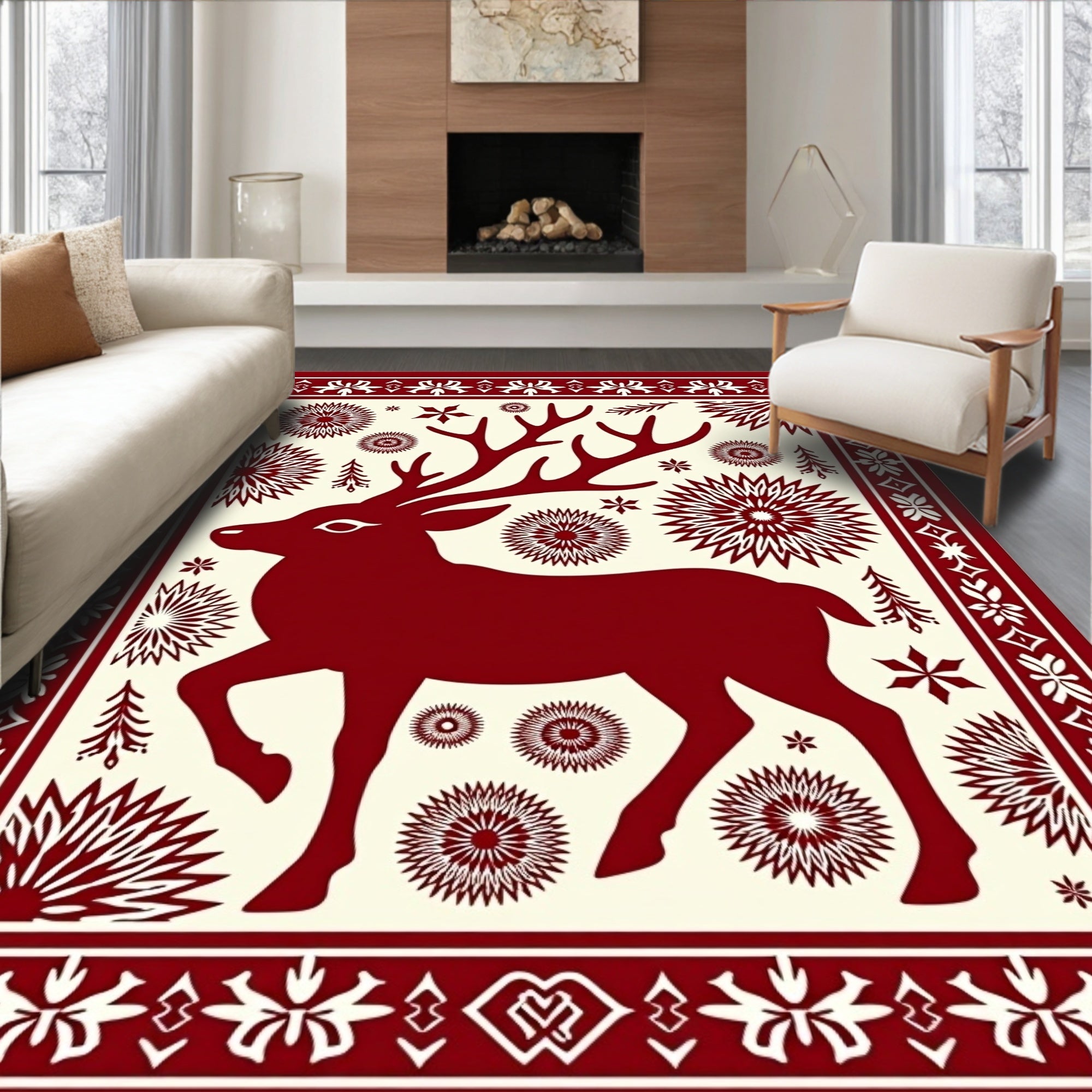 Crimson Reindeer Starburst Border Rug