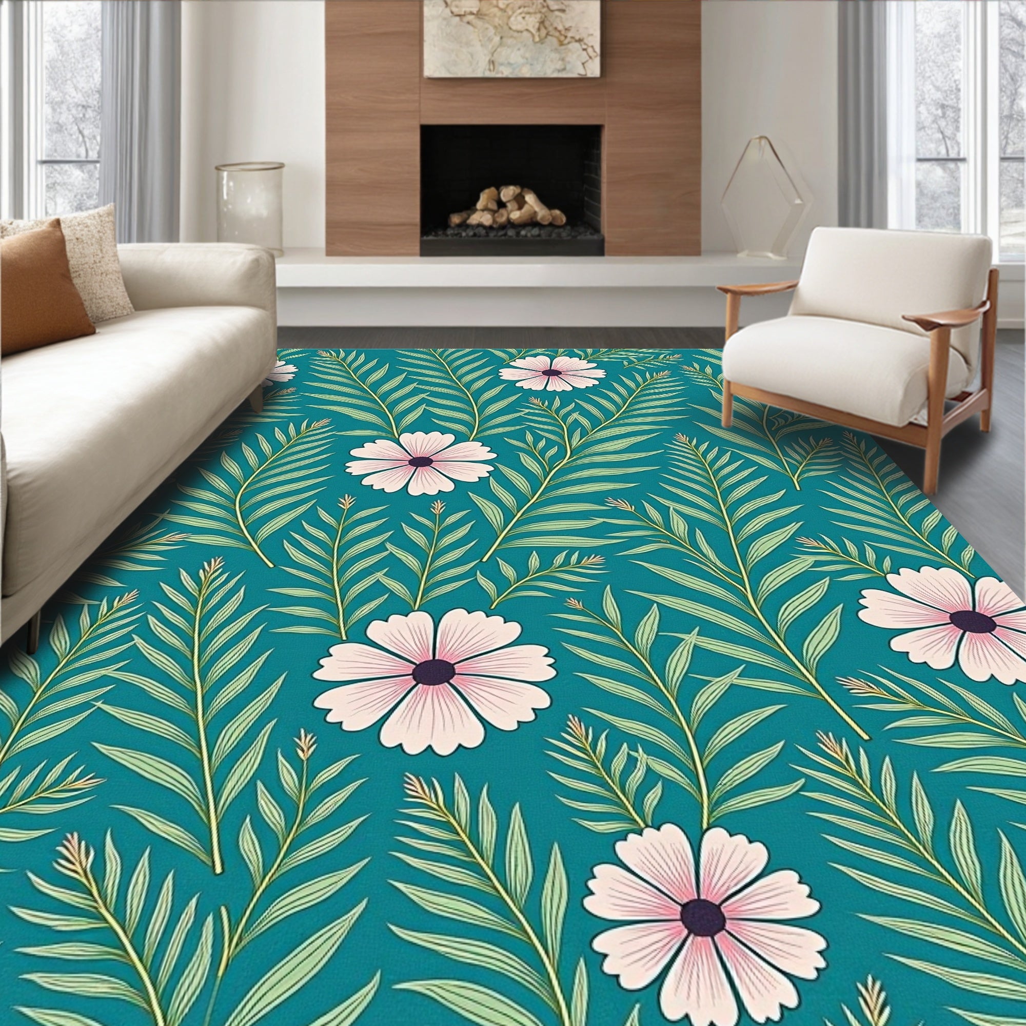 Teal Floral Tropical Leaf Rug