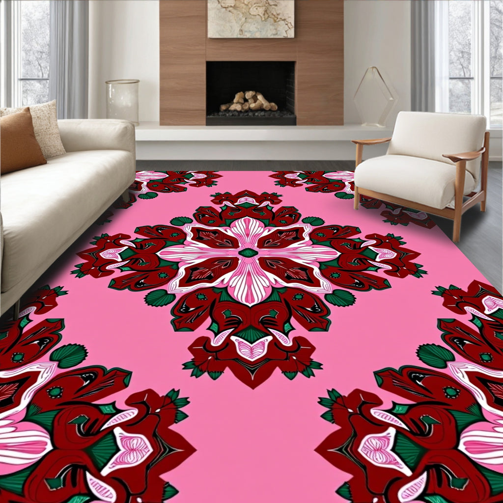 Crimson Pink Emerald Mandala Blooms Rug