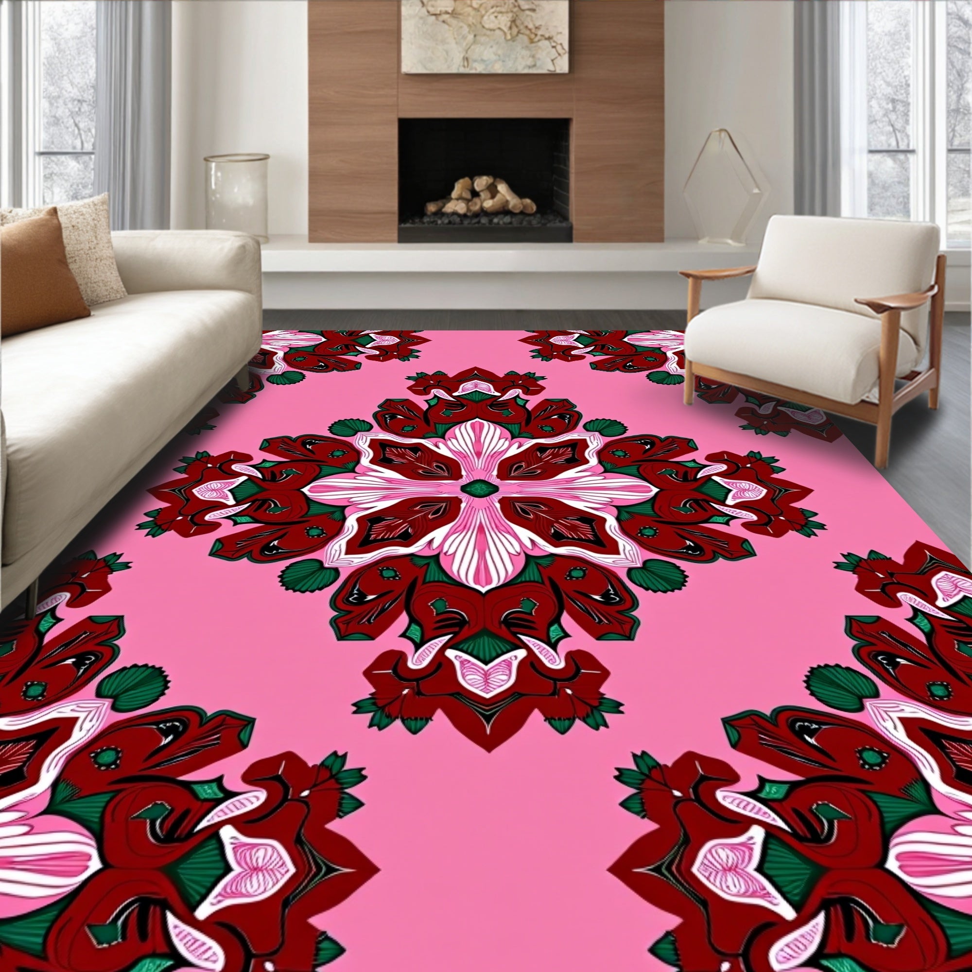 Crimson Pink Emerald Mandala Blooms Rug