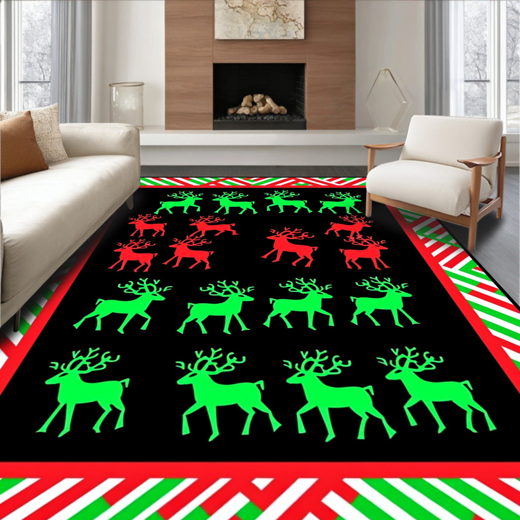 Red Green Reindeer Black Border Rug