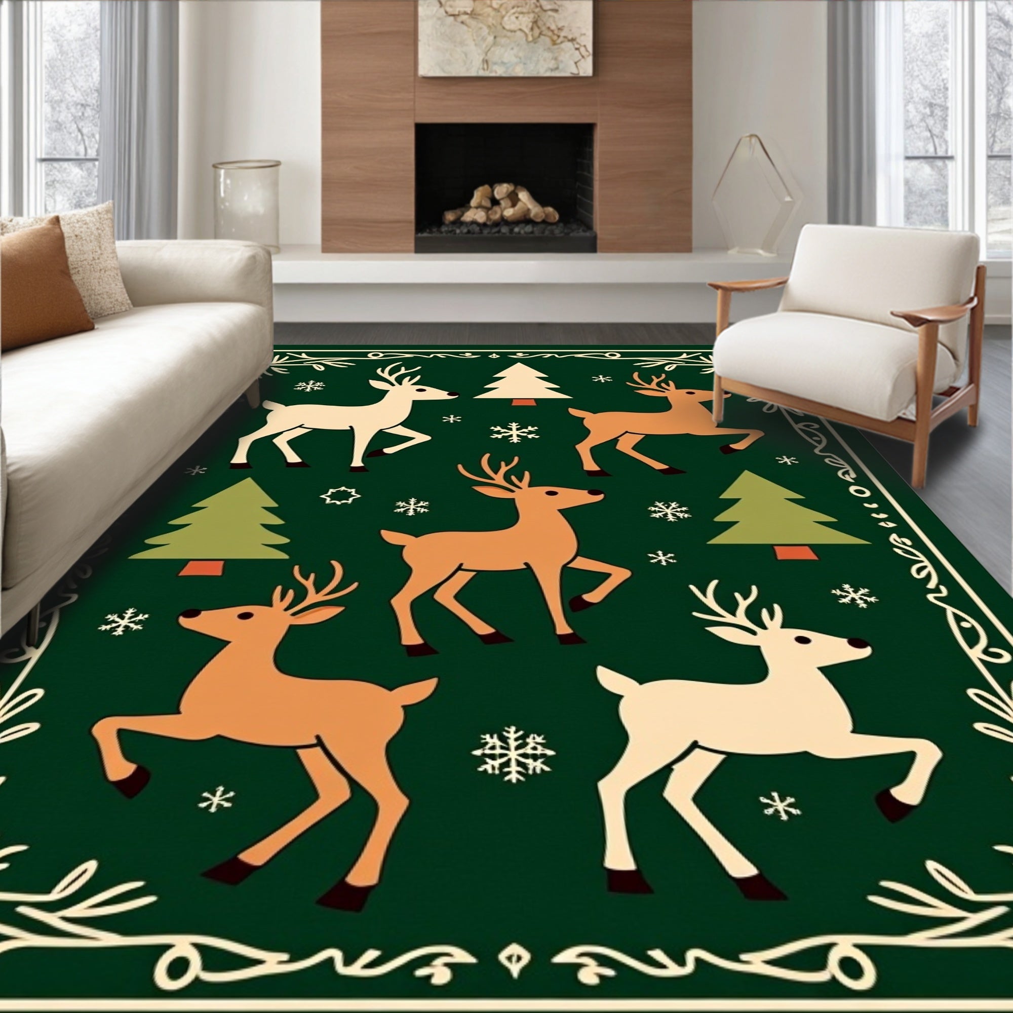 Whimsical Deer and Tree Forest Scene Rug