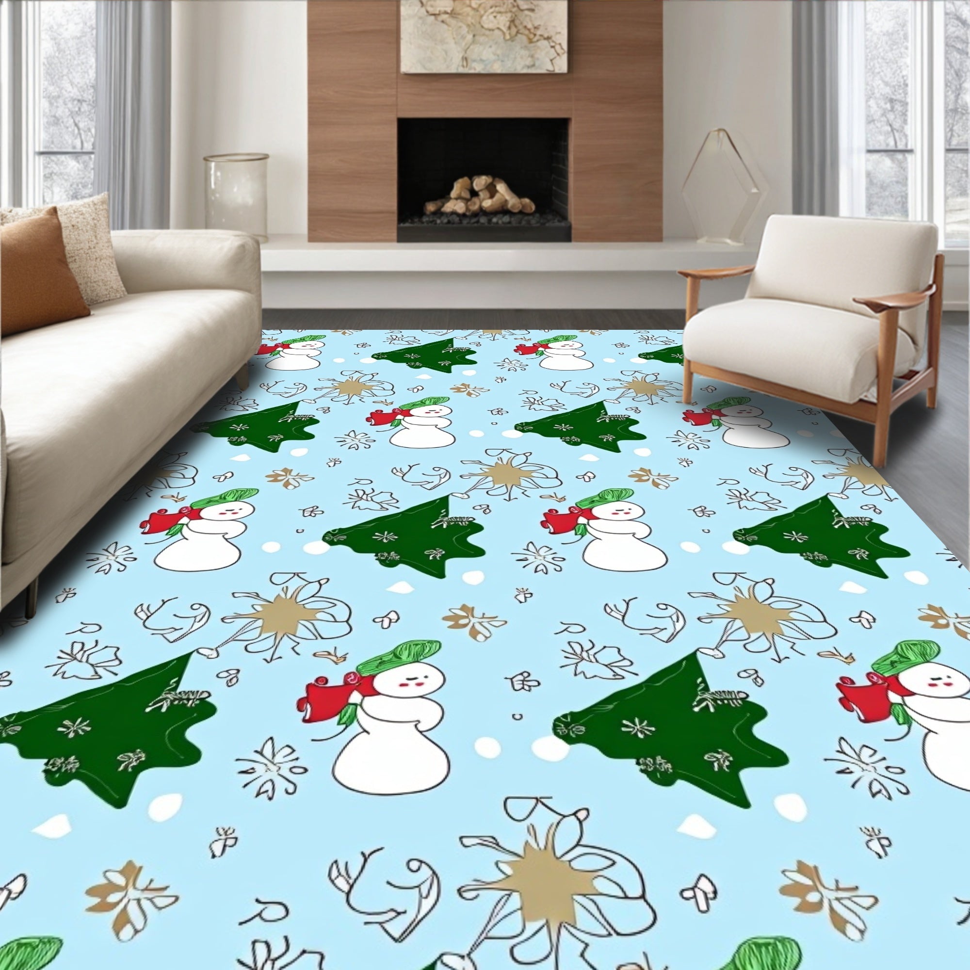 Winter Snowman Christmas Tree Snowflakes Rug