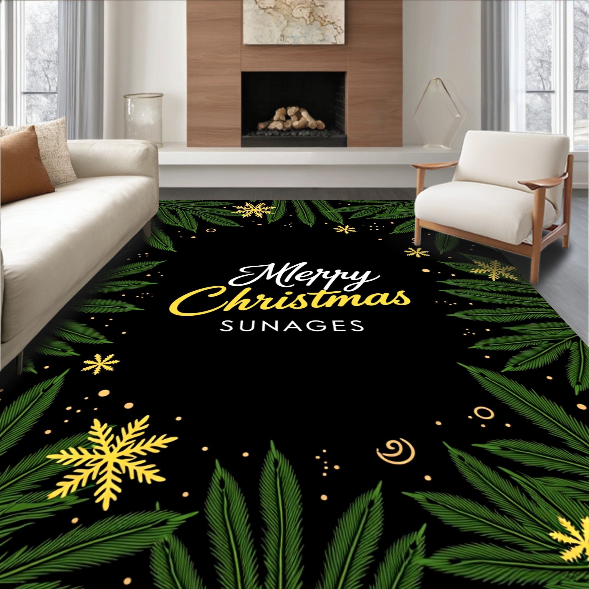 Green Fern Snowflake Holiday Border Rug