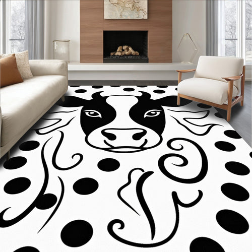 Black White Polka Dot Cow Illustration Rug
