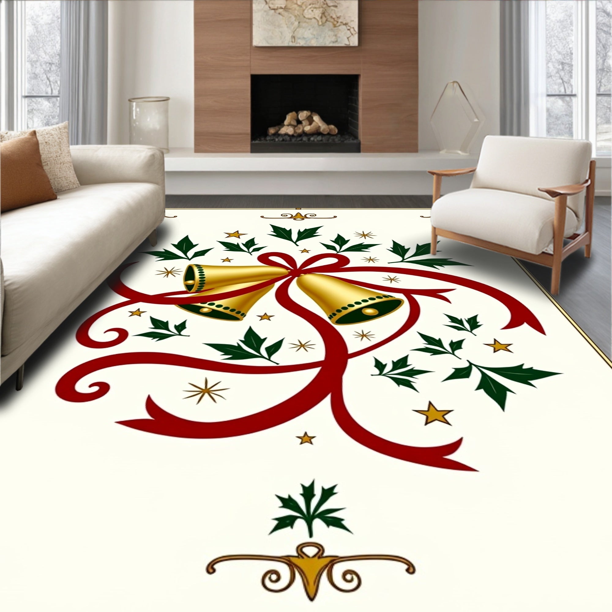 Golden Bells Festive Holly Swirls Rug