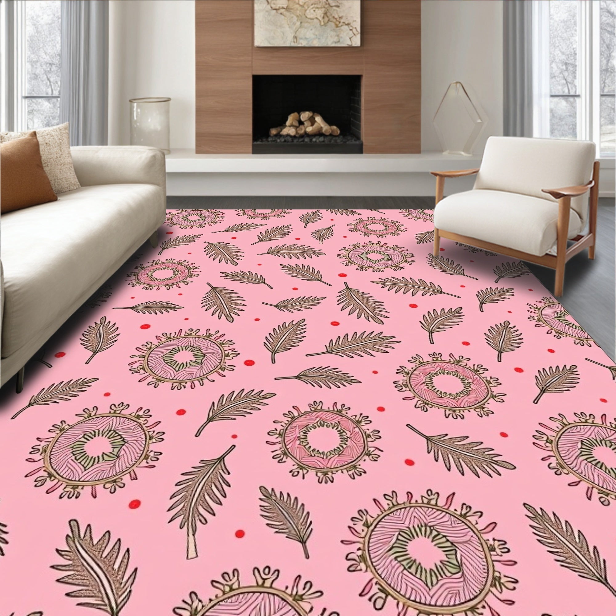 Pink Medallion and Fern Scatter Rug