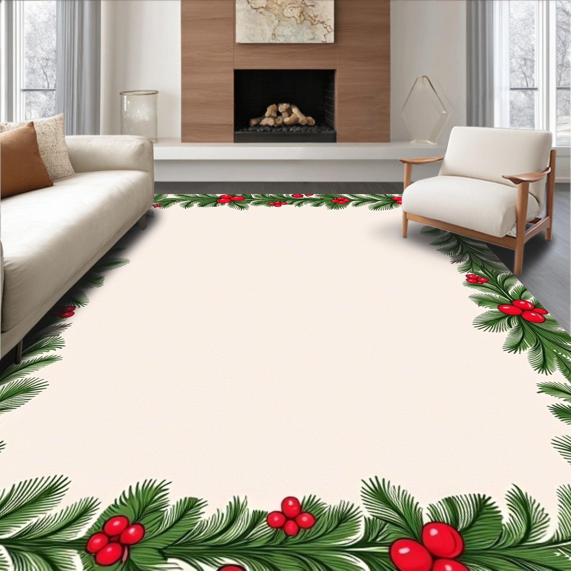 Green Fir Red Berry Border Rug