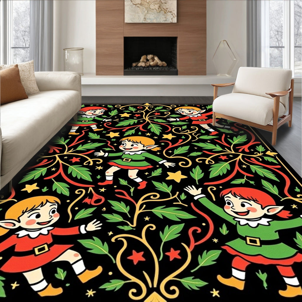 Festive Elf Swirl Foliage Black Rug